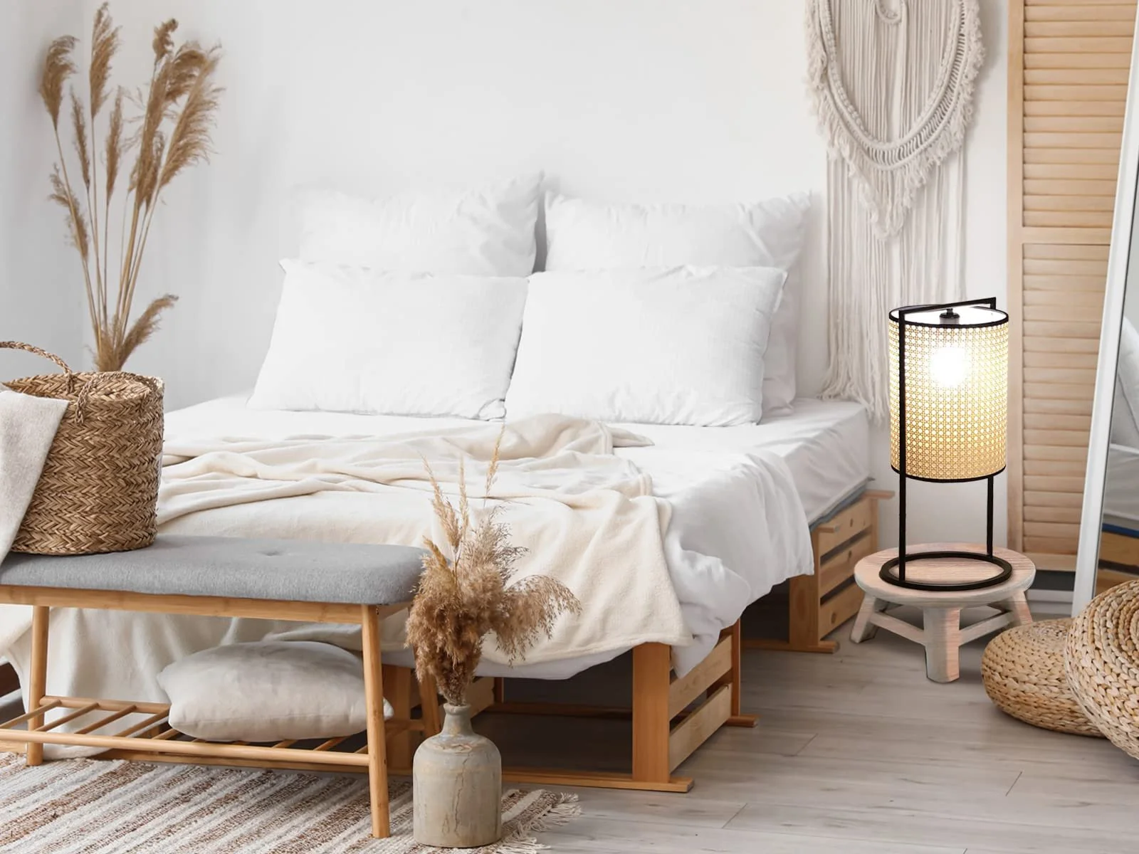 Світлодіодна настільна лампа 56 см з чорною рамою та абажуром під ротанг Чорний, фото №6