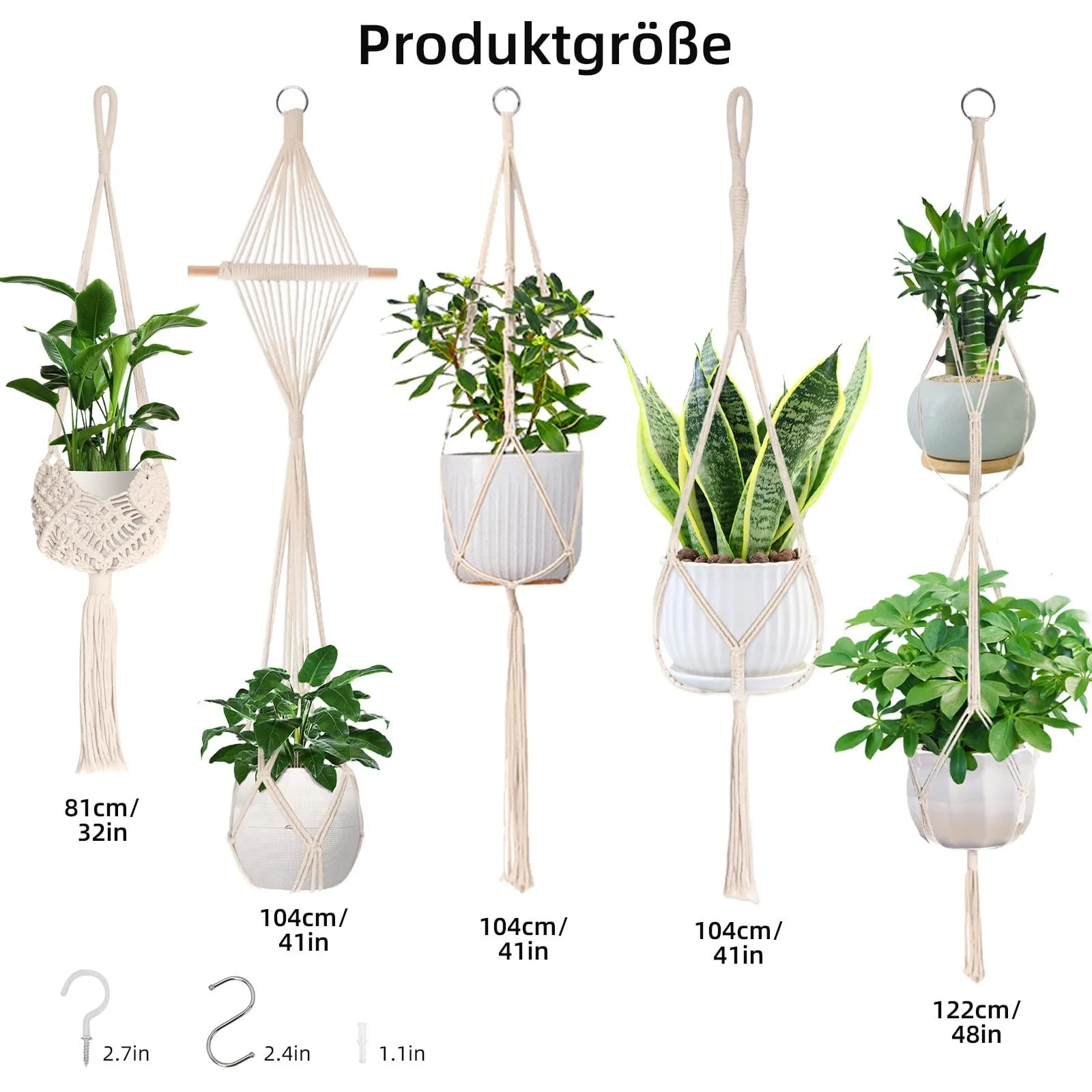 Набір підвісних кашпо макраме з бавовняної мотузки 5 шт. з гачками, фото №2