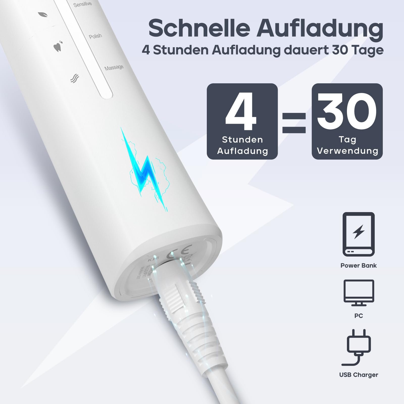 Електрична звукова зубна щітка Seago SG-958 40000 VPM USB 5 режимів White, фото №5