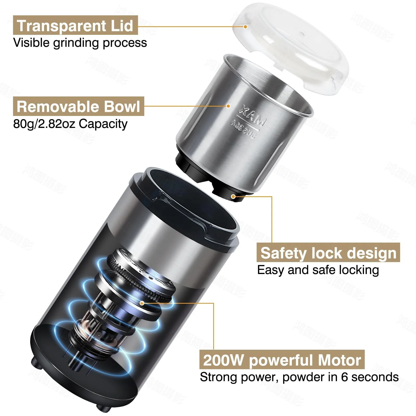 Електрична кавомолка Suewow 200 Вт Сріблястий, фото №6 Електрична кавомолка Suewow 200 Вт Сріблястий, фото №6