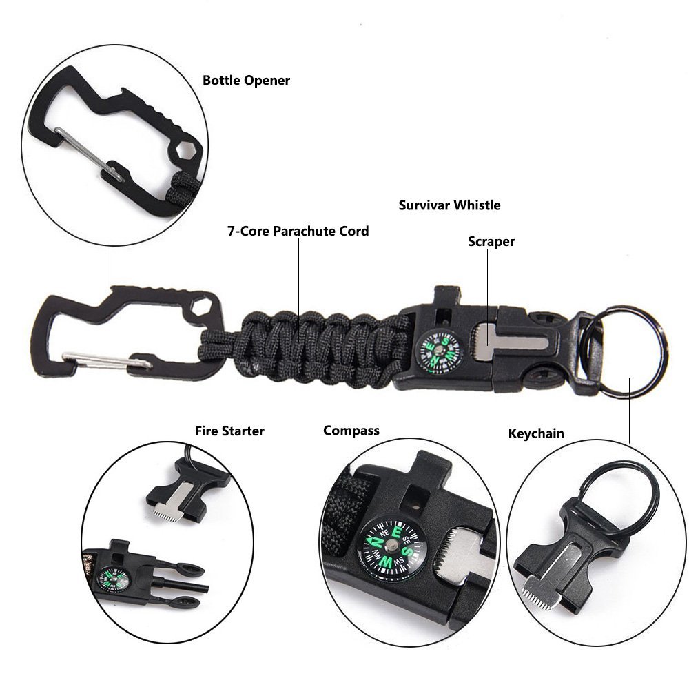 Браслет Paracord 7 Core для виживання на природі, аварійний спортивний комплект із застібкою, відкривачкою для пляшок, кресалом, компасом, скребком, чорний, фото №2