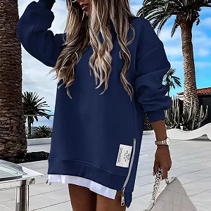 Свитшот оверсайз Lässig Однотонный, женский, с длинными рукавами, осенний, повседневный, свитер, женский, свободного кроя, с боковой молнией Y2K, круглый вырез горловины, однотонный пуловер без капюшона, теплый свитер, уличная одежда, осень synthetic.ua - Фото 1