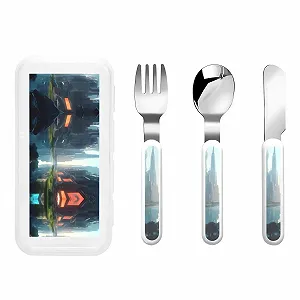 Набір дитячих столових приборів з принтом "Місто на воді" з трьох предметів - Фото 1