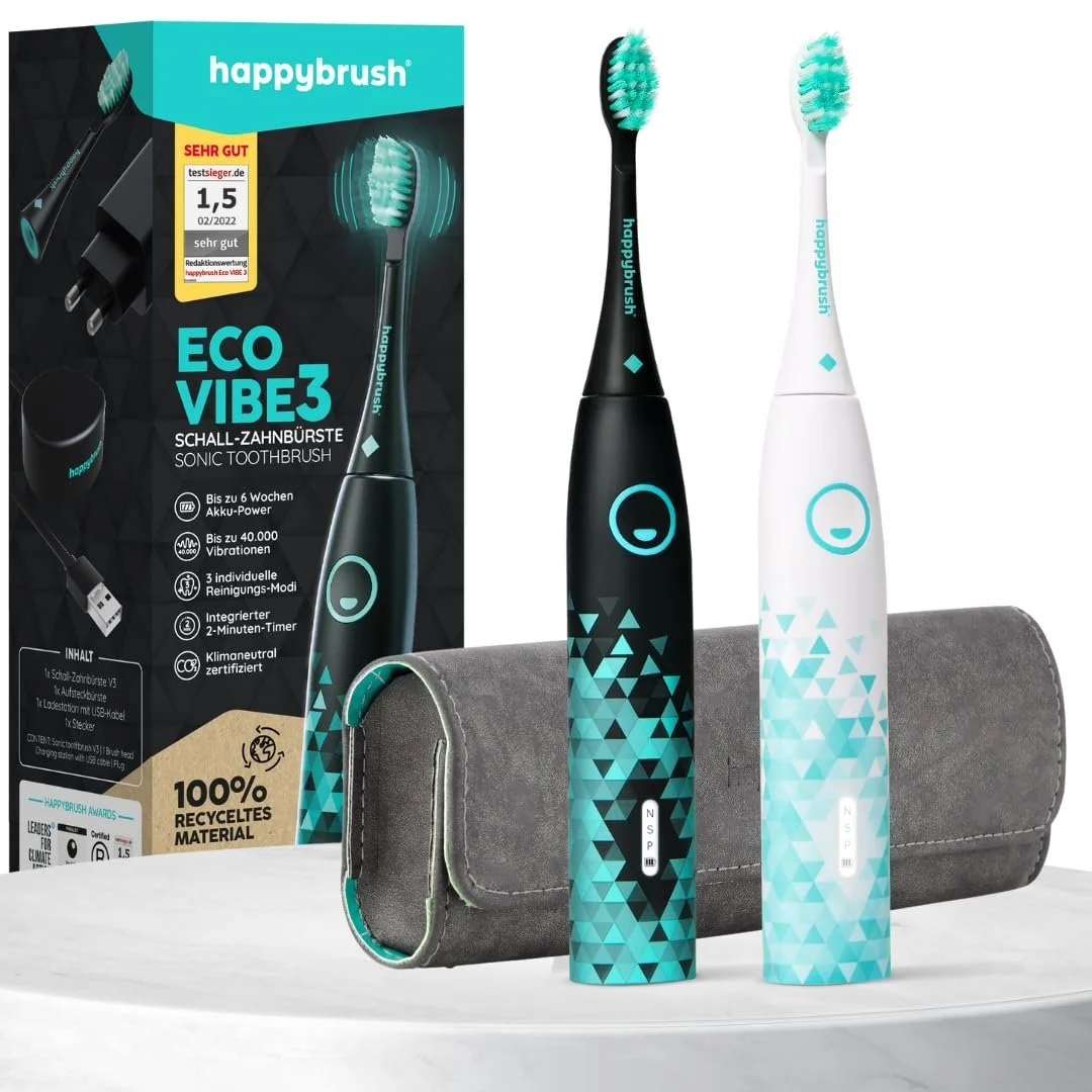 Звуковая зубная щетка happybrush Eco VIBE 3 Набор из 2 шт. Черный/Мята и Белый/Мята, фото №1