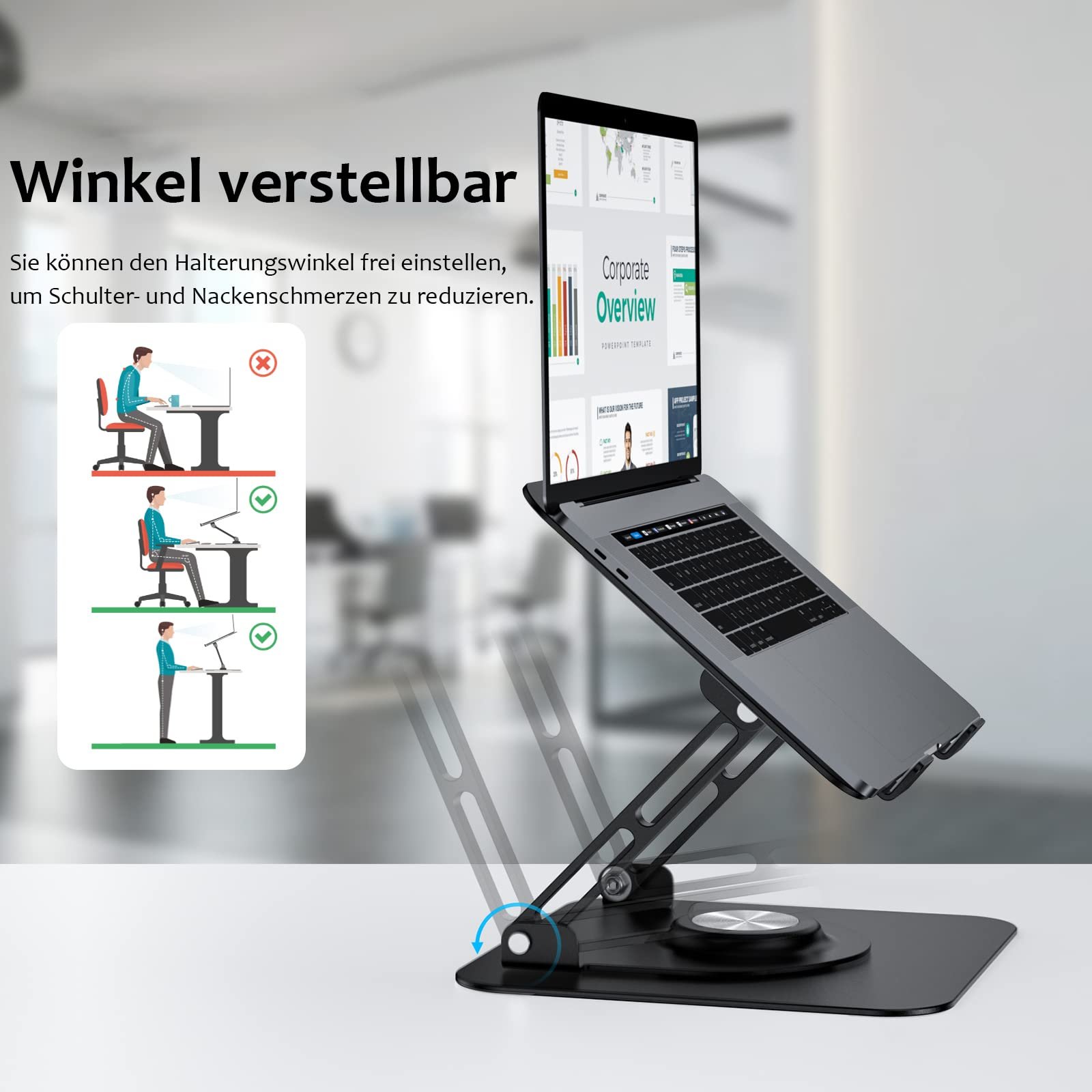 Підставка для ноутбука обертова 3600, складана портативна з алюмінію, регульована по висоті та ергономічна, фото №6
