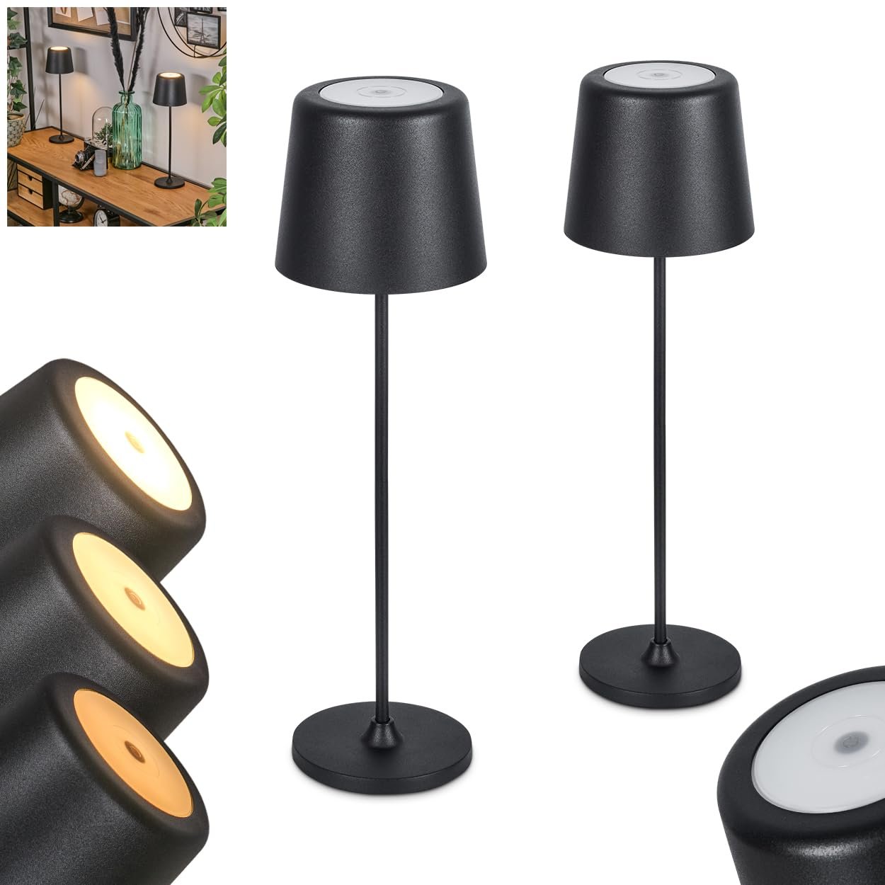 Настільна лампа HOFSTEIN Belece LED набір з 2 шт димована металева/пластикова 37 см USB-C акумуляторна IP44 чорна/біла, фото №1