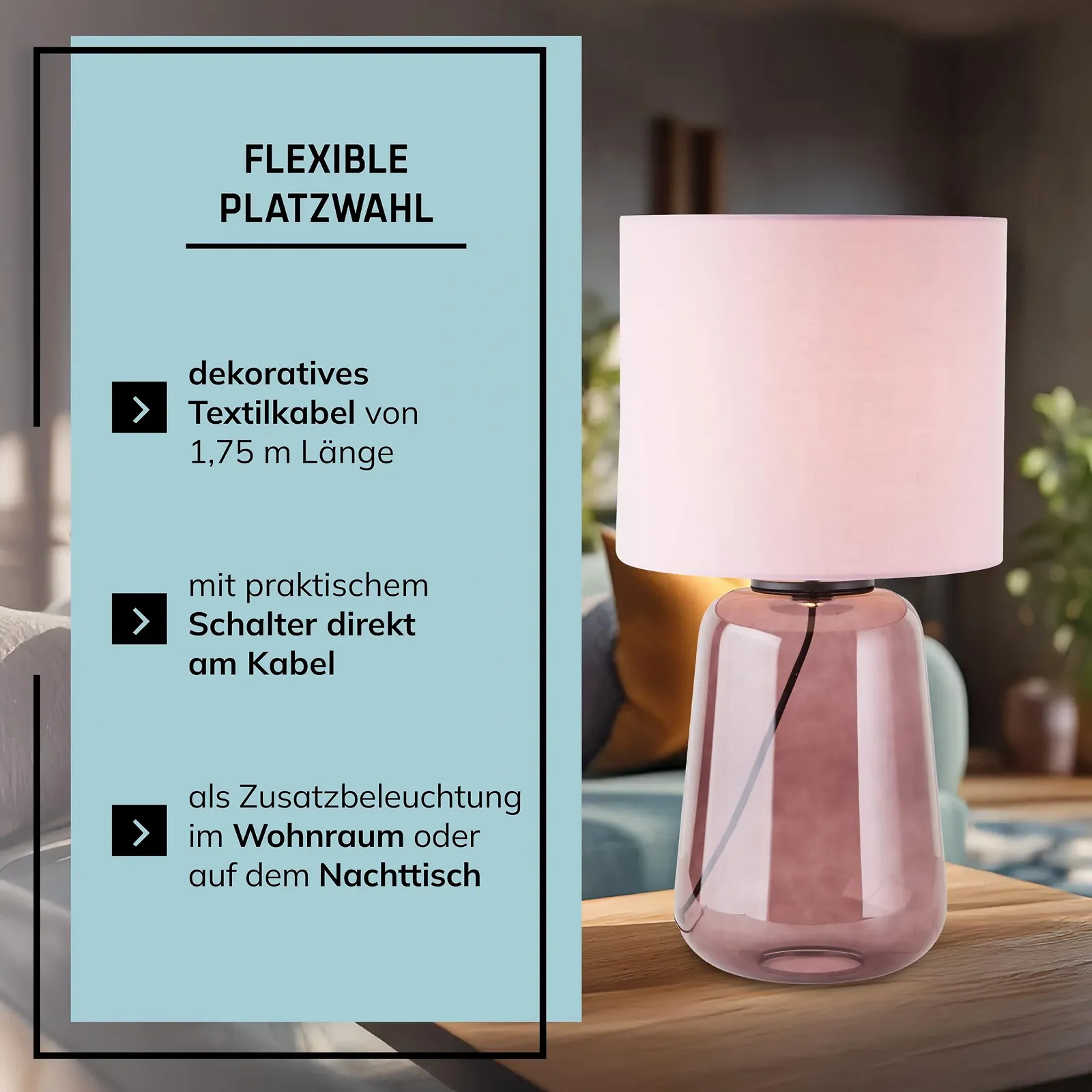 Настольная лампа Lightbox стекло текстиль 56 см лиловая/пурпурная E27, фото №3