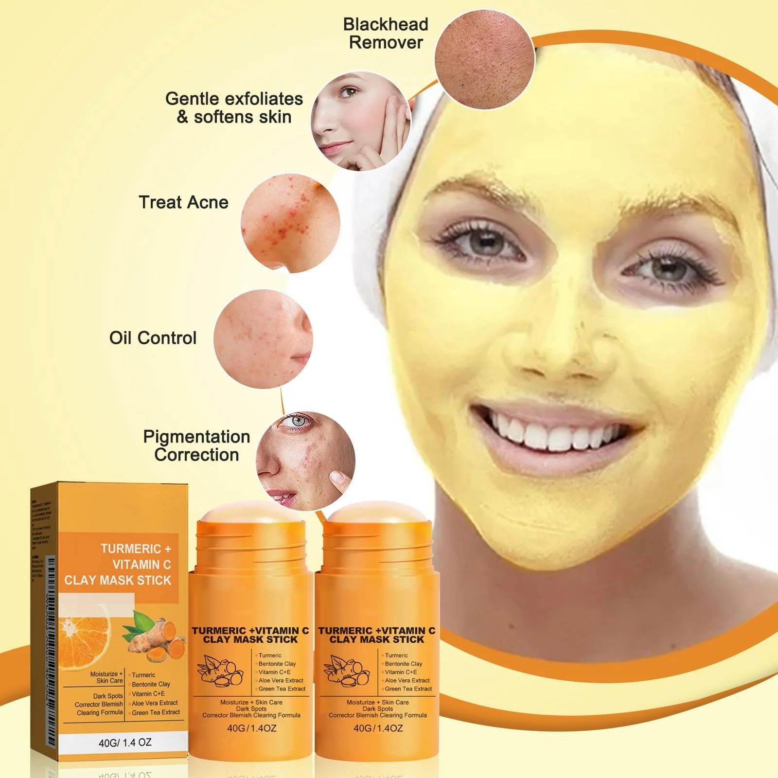 Маска-стік Глина Куркума Ledeak, 2 шт, Вітамін C для очищення пор, від шрамів від вугрів, фото №3