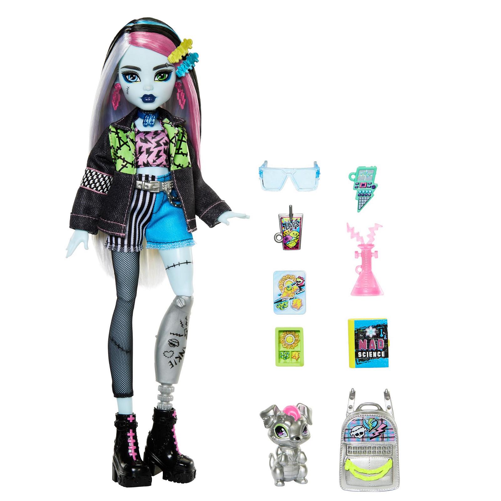 Кукла Frankie Stein Monster High в джинсовой куртке и шортах, также включает вашу собаку Watzie и аксессуары, такие как рюкзак, снек и блокнот, HXH73, фото №4 Кукла Frankie Stein Monster High в джинсовой куртке и шортах, также включает вашу собаку Watzie и аксессуары, такие как рюкзак, снек и блокнот, HXH73, фото №4