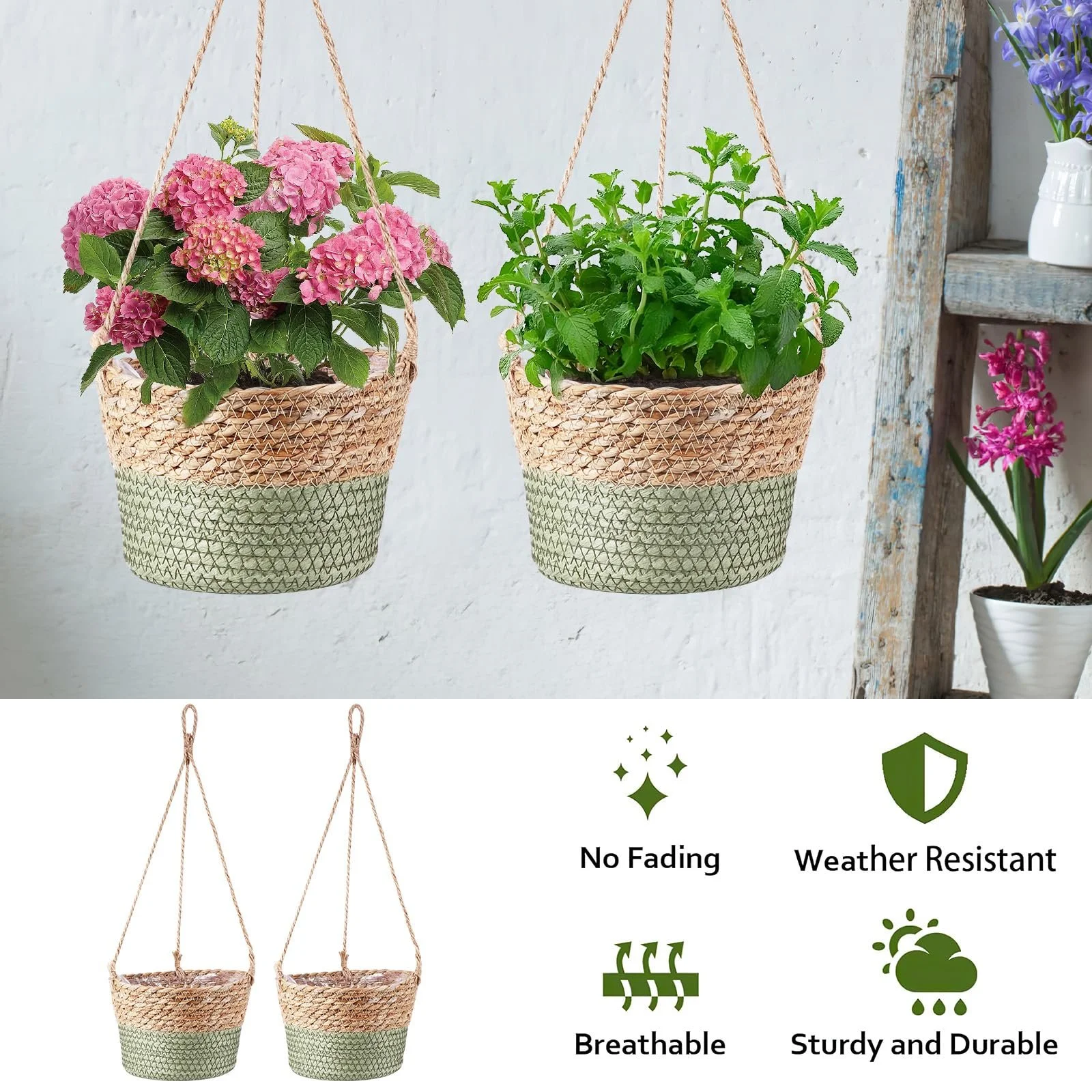 Підвісний кошик для рослин плетений із морської трави 20 см набір 2 шт. Натуральний бохо, фото №4 Підвісний кошик для рослин плетений із морської трави 20 см набір 2 шт. Натуральний бохо, фото №4