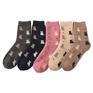 Носки с кошачьим узором, 5 пар, Носки с принтом, Теплые носки для женщин, Толстые носки для осени и зимы, Мягкие носки до середины икры, разноцветные, M - Фото 1