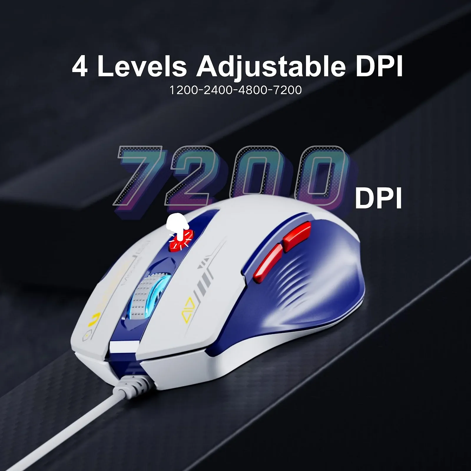 Мышь Uineer проводная, эргономичный дизайн, до 7200 DPI регулируемая, 6 кнопок, для компьютера, ПК, ноутбука, Plug & Play, сине-белая, фото №4