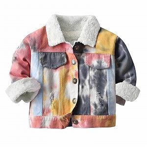 Джинсовая куртка Tie-Dye Kinder Denim Осень-Зима Топы для мальчиков и девочек Прочная и долговечная Куртка Плюшевый отложной воротник Топы с длинными рукавами Джинсовая куртка без капюшона для детей (1-10 лет) - Фото 1