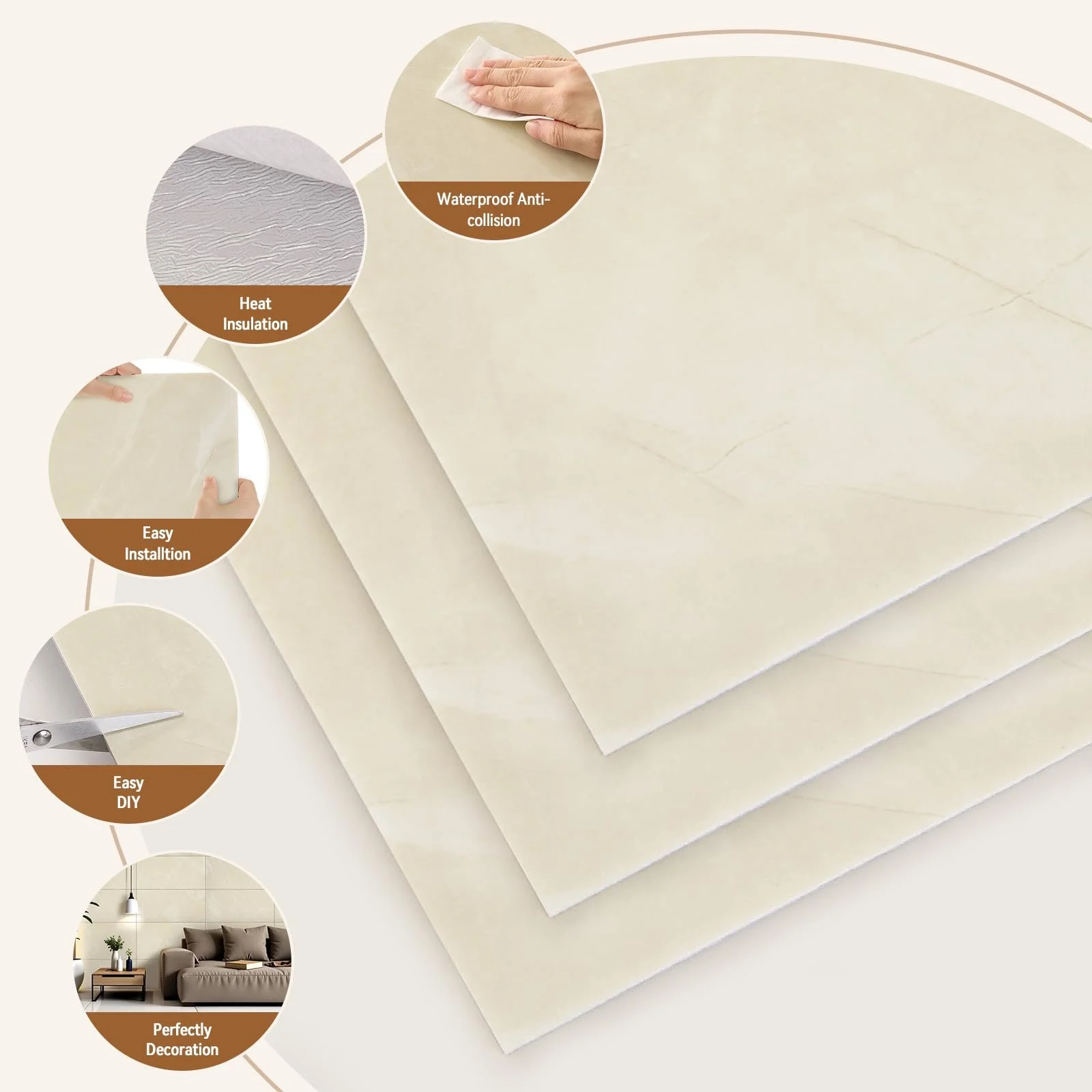 Наклейки на плитку Warmiehomy Marble вінілові самоклеючі 60 х 30 см 10 шт. Бежево-білий, фото №6 Наклейки на плитку Warmiehomy Marble вінілові самоклеючі 60 х 30 см 10 шт. Бежево-білий, фото №6