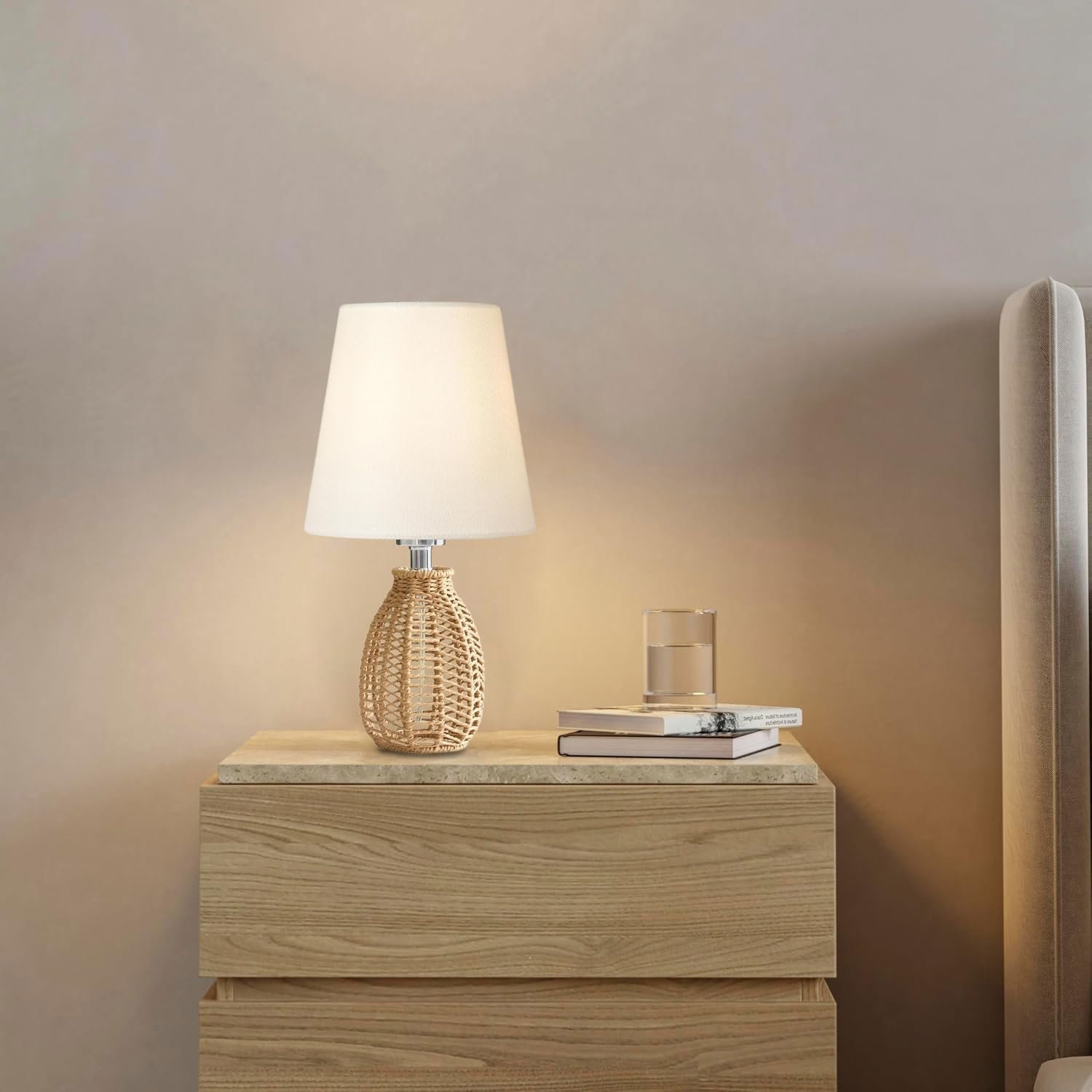 Настільна лампа White вінтажна, ротанг, тканинний абажур, Boho, Japandi, E27., фото №5