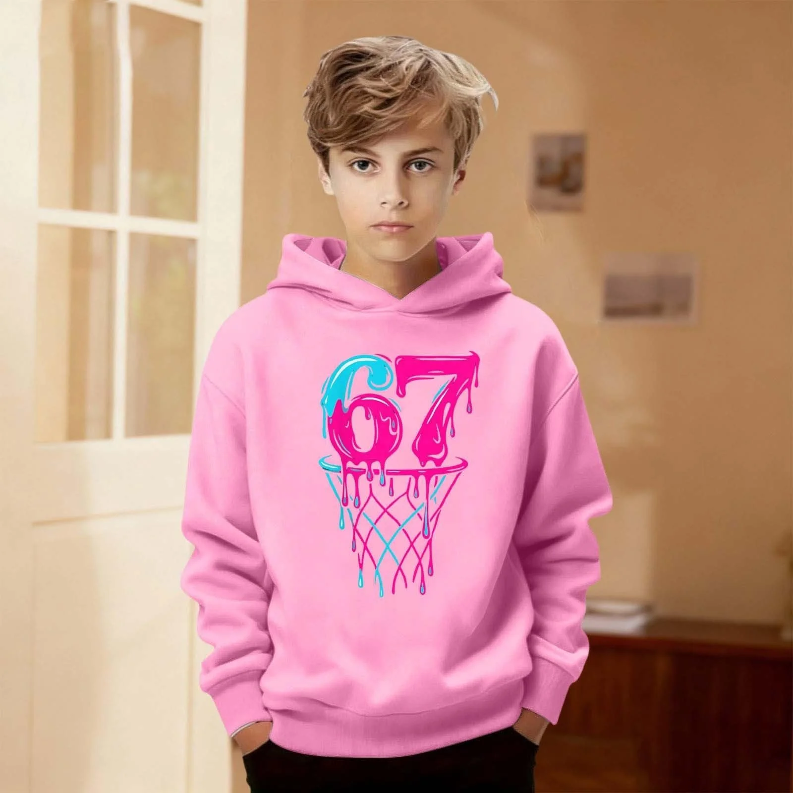 Пуловер Essentials 134/140/152/158/164 с принтом 67 для девочки, толстовка, худи, флисовый пуловер, тёплый пуловер, детская тренировочная куртка, детская одежда, фото №3