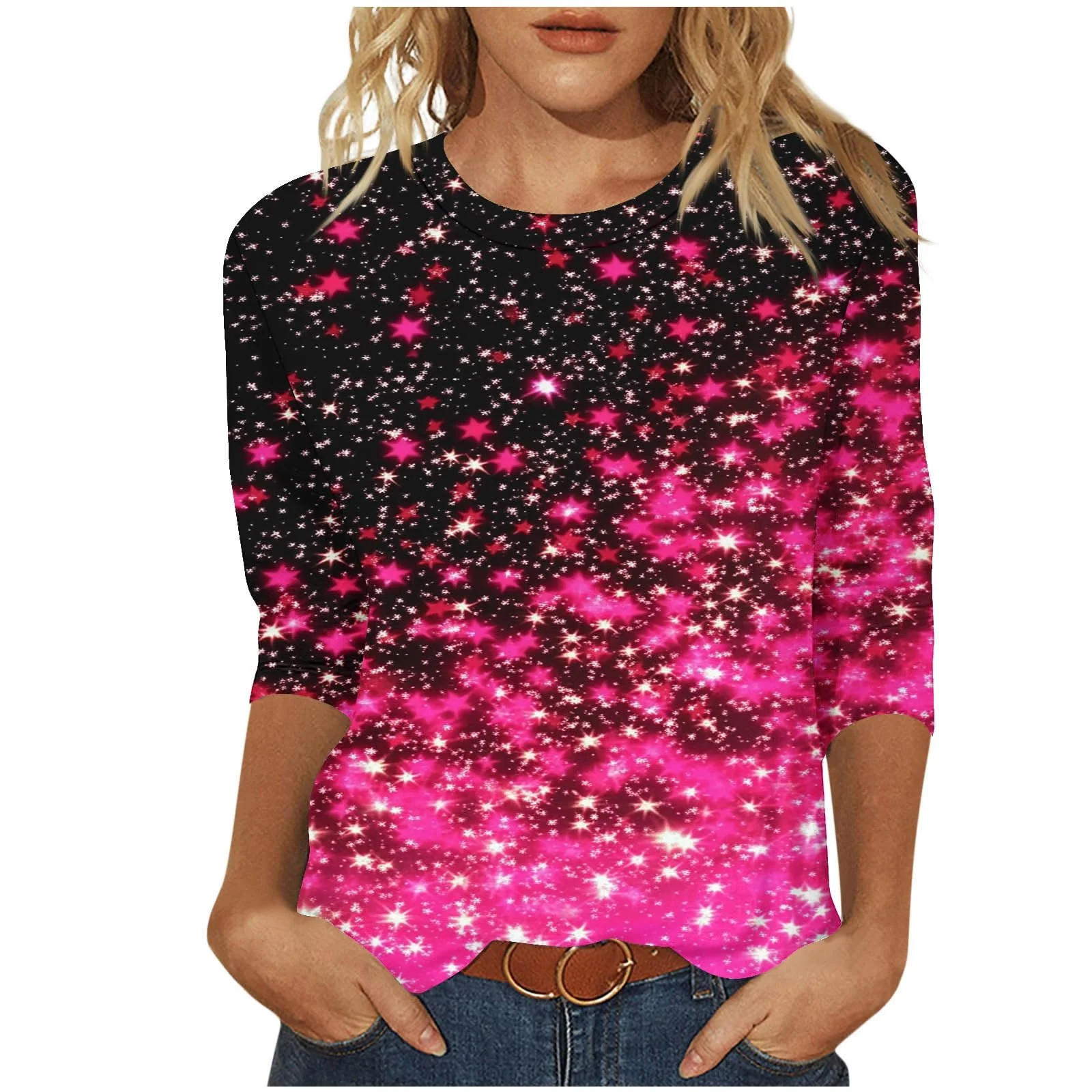 tsaChick Женский Пуловер на День Святого Валентина С принтом Круглый вырез Рукав семь восьмых Футболка с круглым вырезом Пуловер Топ Блузка Женская Элегантная Базовая Рубашка с длинным рукавом Женская Кожаная Куртка с Мехом, фото №1