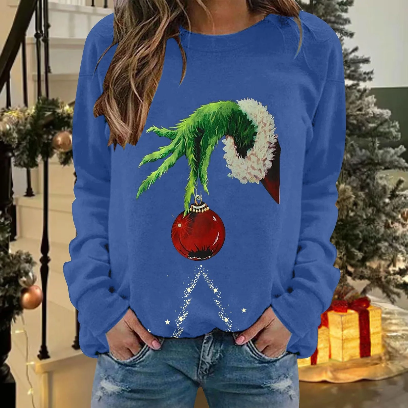 Джемпер YEBIRAL Женский Grinch Рождественский Пуловер с круглым вырезом Длинный рукав, фото №2 Джемпер YEBIRAL Женский Grinch Рождественский Пуловер с круглым вырезом Длинный рукав, фото №2