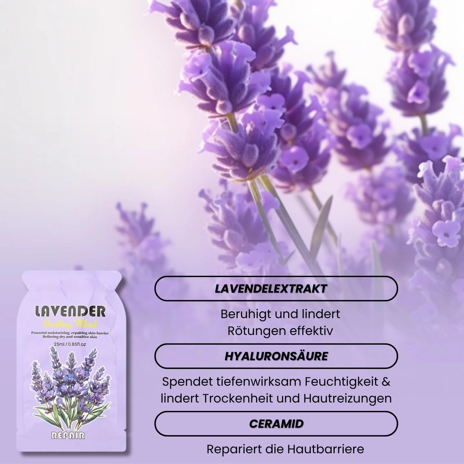 Набір тканинних масок для обличчя з кокосом, алое, лавандою та трояндою, 8 шт, фото №5