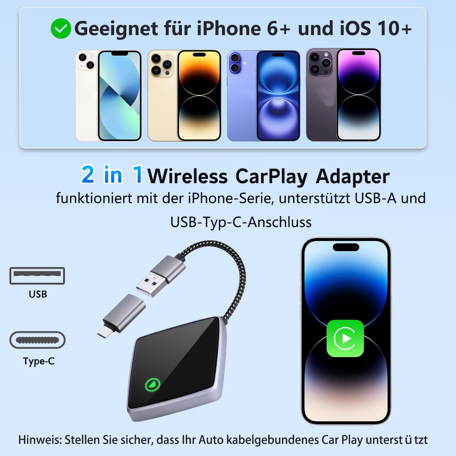 Бездротовий адаптер CarPlay для iPhone, Mini Carplay адаптер з дротового CarPlay на бездротовий, USB C/A Plug and Play стабільне автопідключення CarPlay, сумісний з iPhone iOS 10+ та автомобілями з CarPlay, фото №5