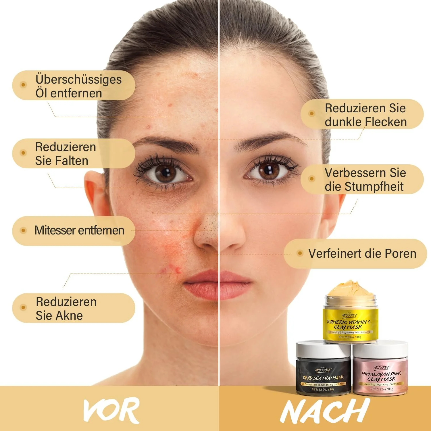 Набор глиняных масок для лица Turmeric Vitamin C, маска из грязи Мертвого моря, гималайская глиняная маска для лица для уменьшения черных точек, акне, глубокого очищения, маска для лица для контроля жирности, 240 г, фото №4