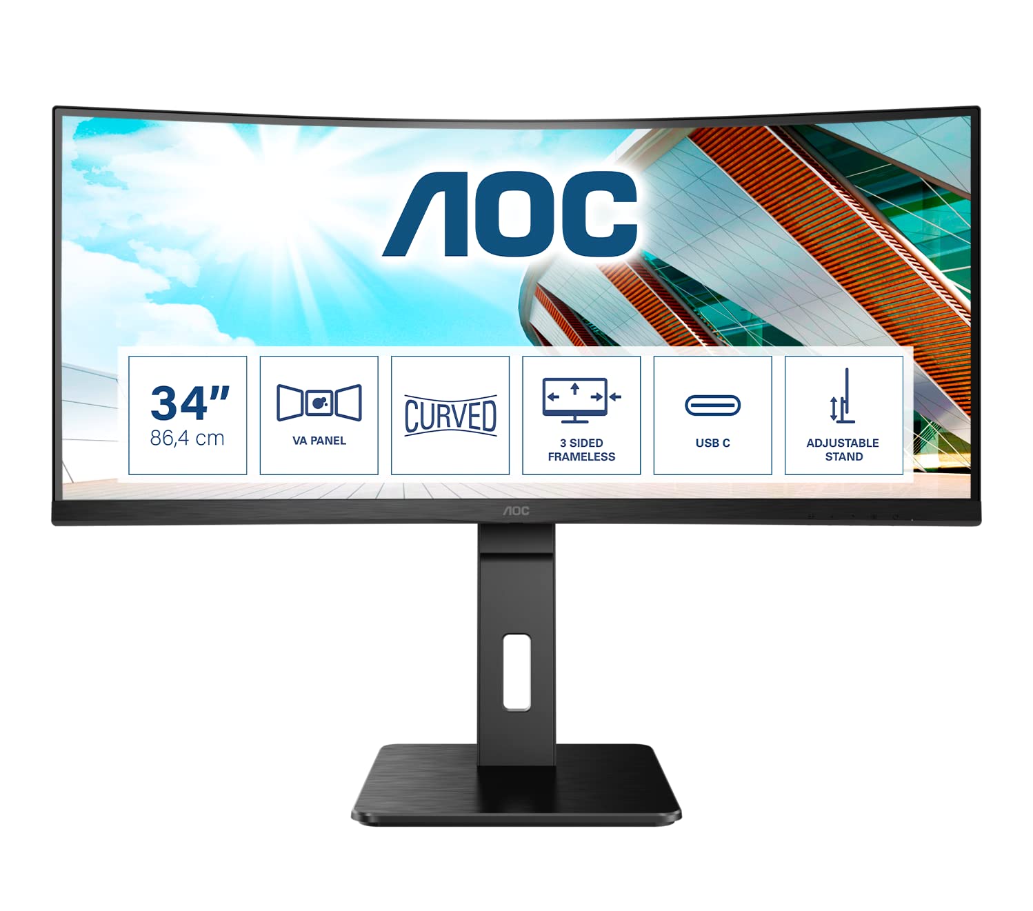Монітор AOC CU34P2C 34 дюйми WQHD вигнутий (3440 x 1440, 100 Гц, HDMI, DisplayPort, USB-C, USB Hub) чорний, фото №1