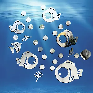 Акрилові дзеркальні наклейки на стіну Cute Fish and Bubbles 30 штук Silver - Фото 1