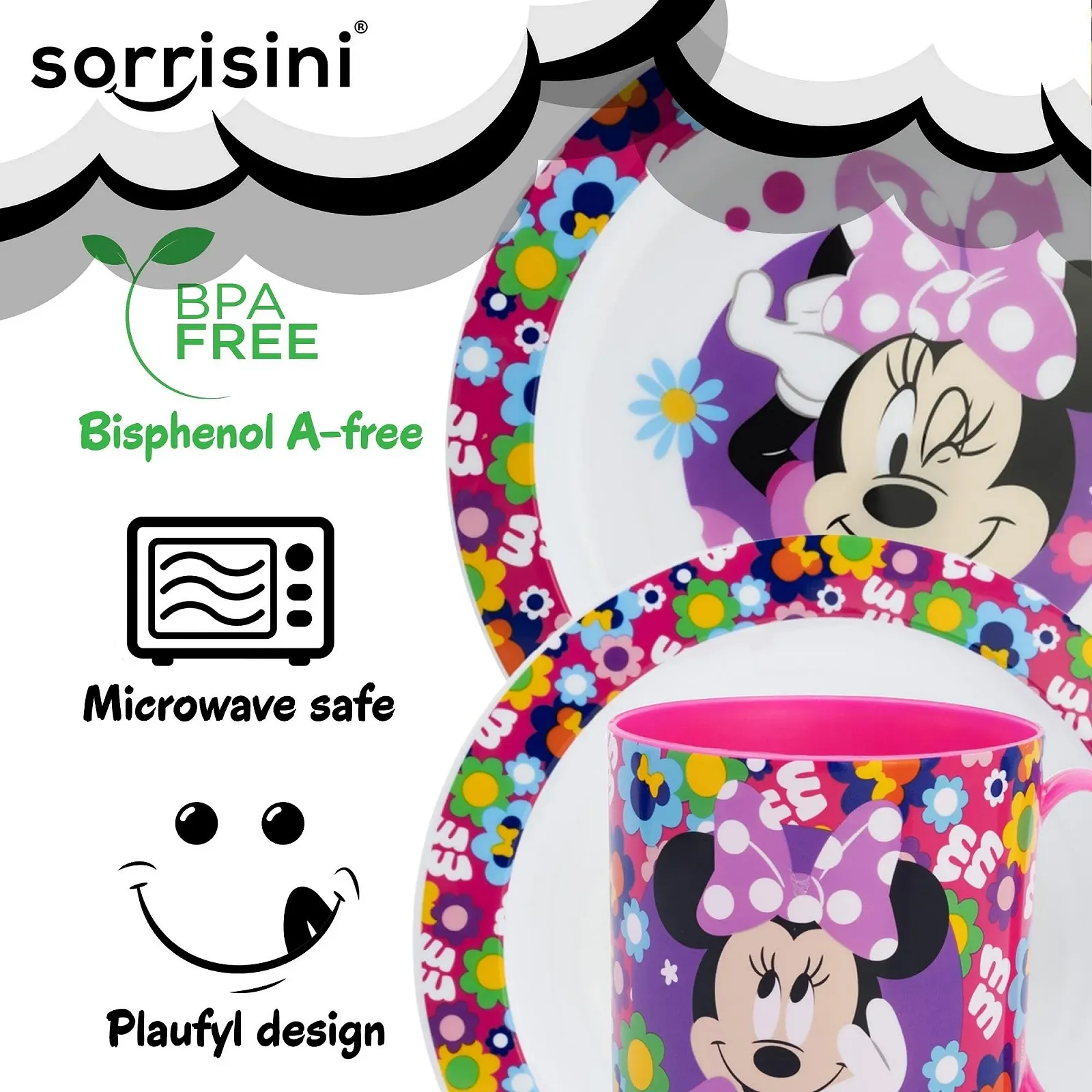 Набор детской посуды Sorrisini Тарелка, Миска, Чашка Минни, фото №2 Набор детской посуды Sorrisini Тарелка, Миска, Чашка Минни, фото №2