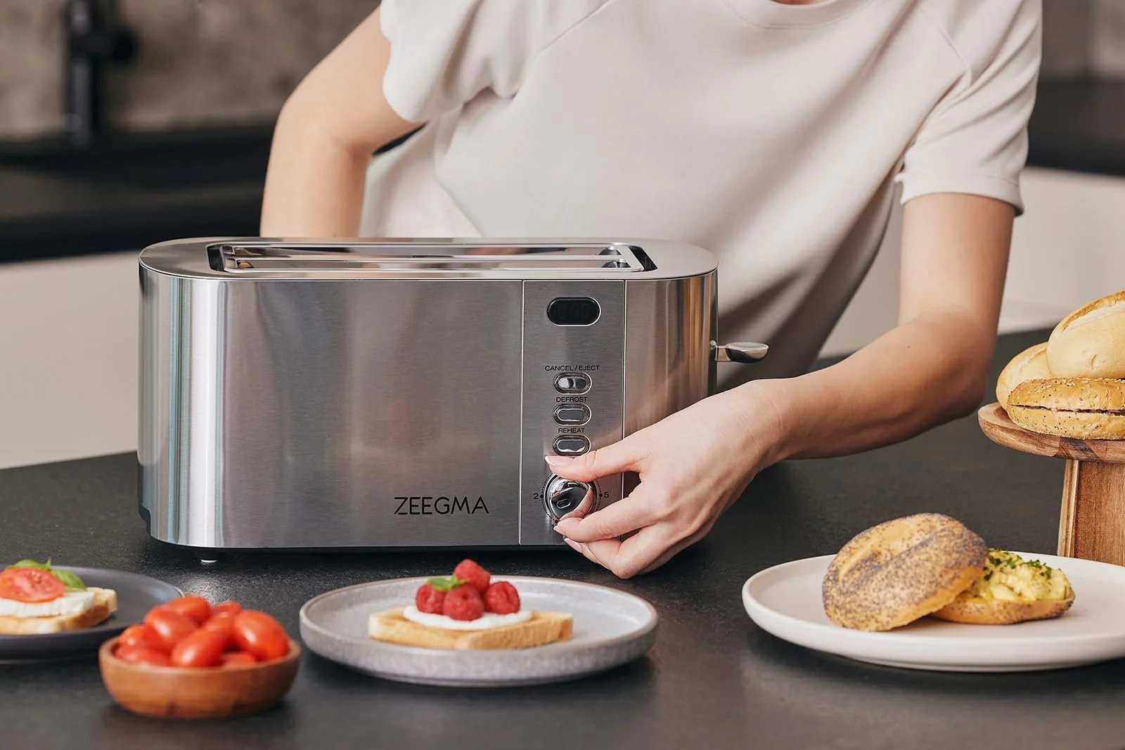 Тостер ZEEGMA TOSTEE CHEF 4 скибочки Нержавіюча сталь 1500 Вт Розморожування Підігрів Зупинка Відсік для крихт Світлодіодний таймер 6 рівнів, фото №5