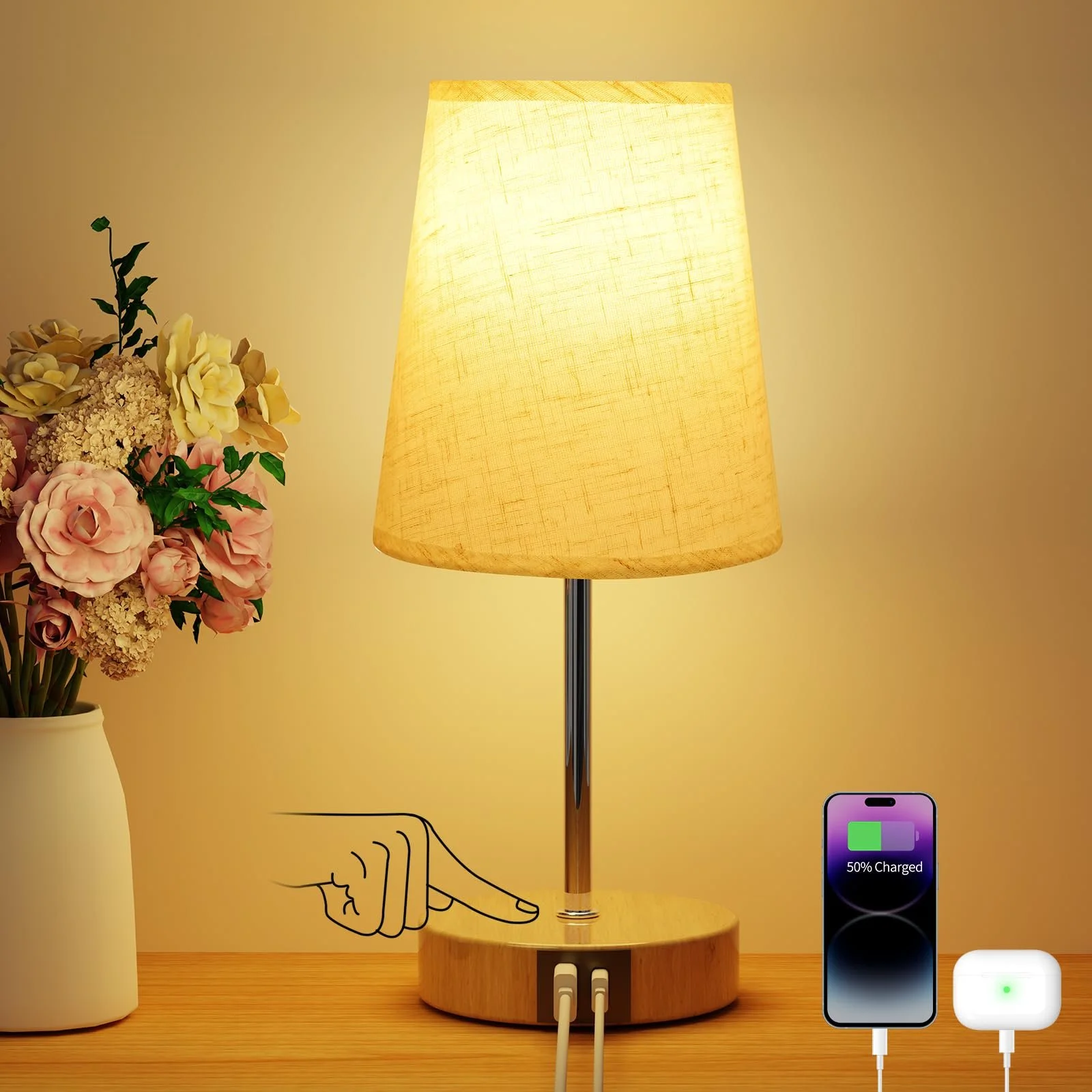 Приліжкова лампа Suright сенсорна диммована USB A+C лляний абажур дерев'яна основа LED лампа в комплекті, фото №1