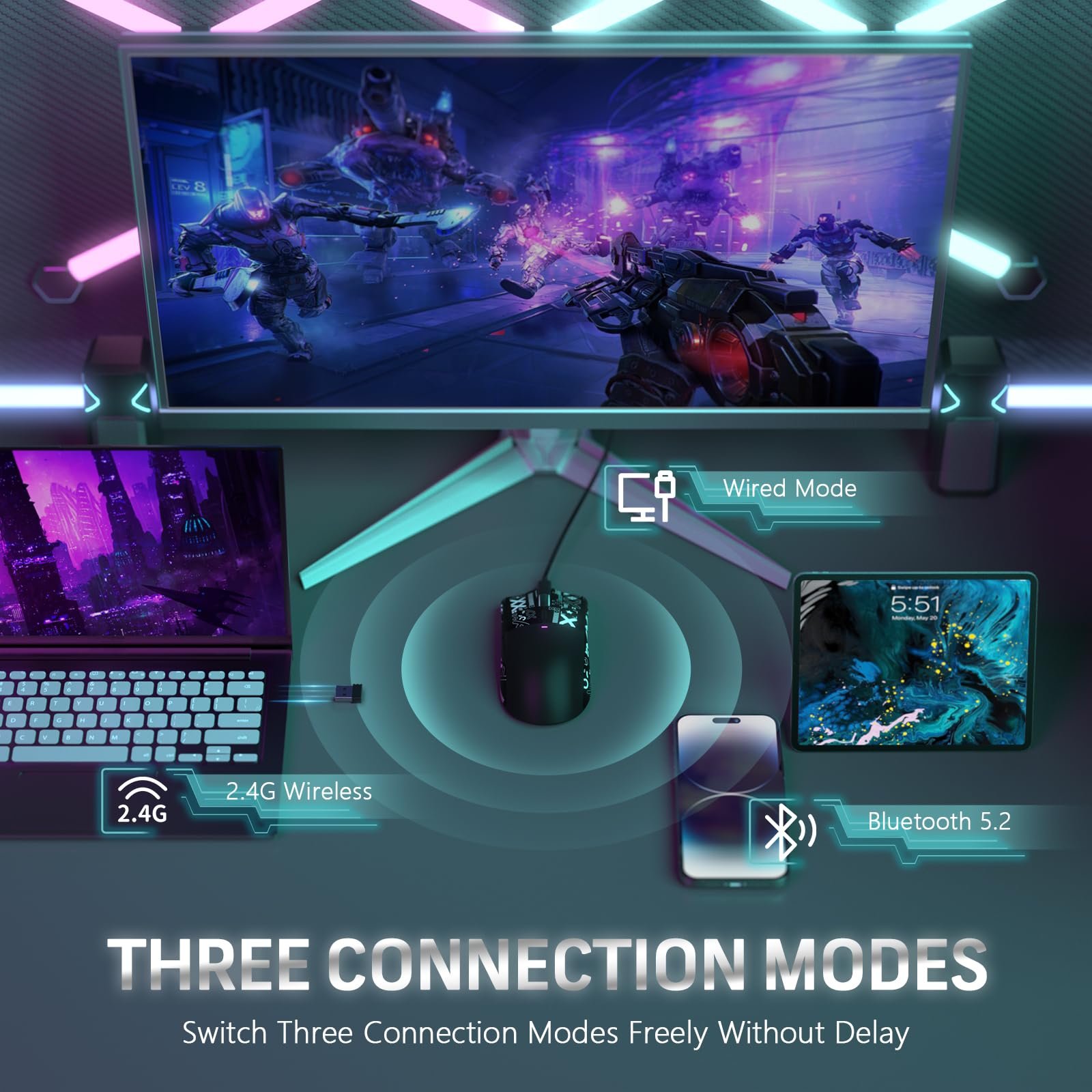 Мышь Беспроводная Игровая Attack Shark X11 с RGB Подставкой для Магнитной Зарядки, Сенсор PixArt PAW3311, Сверхлегкая 59г, Три режима, 22K DPI - Черный и лента, фото №3