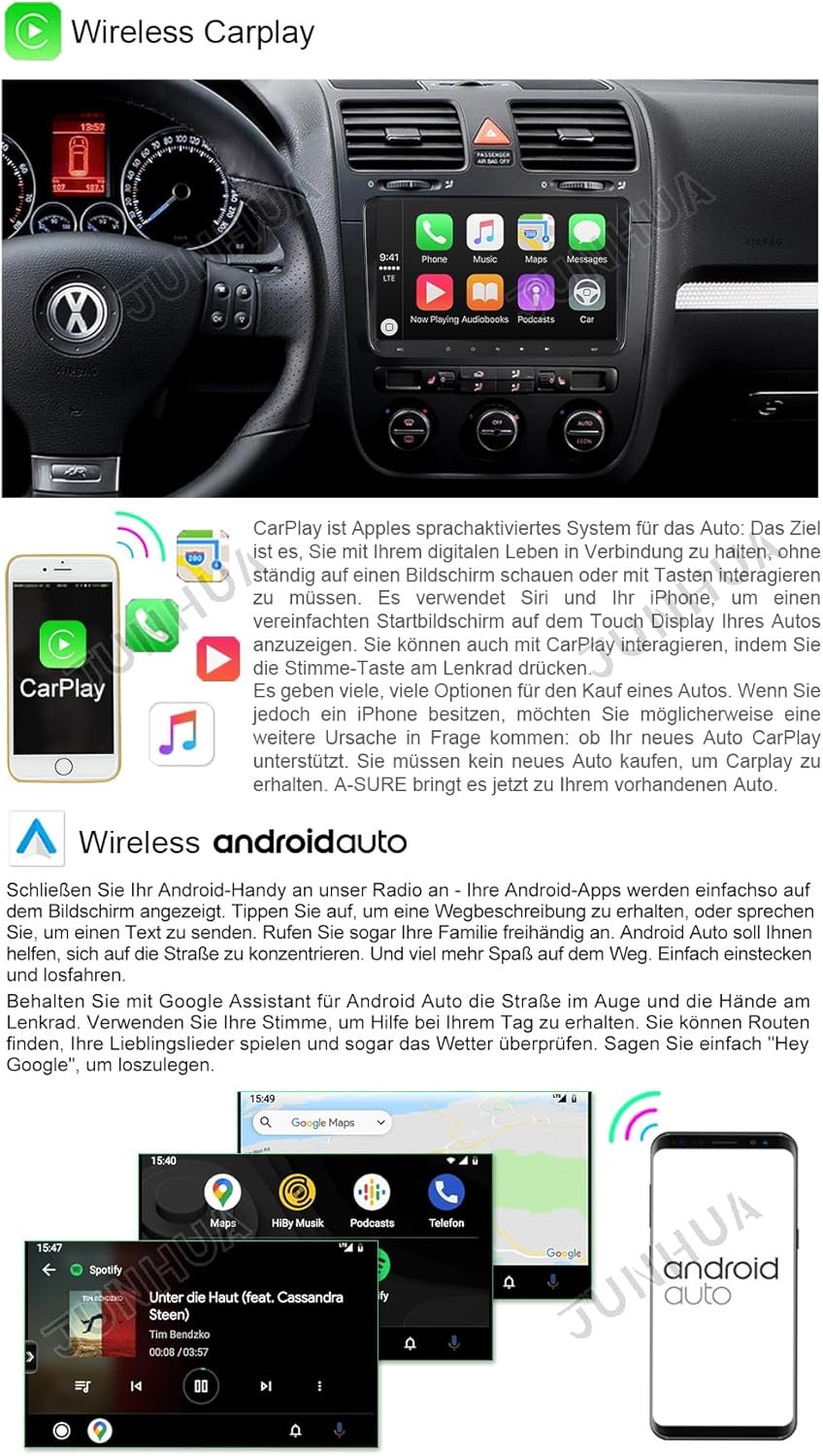 Штатная автомагнитола JUNHUA для VW Passat B6 Golf V VI 5 6 Polo cc Tiguan EOS Scirocco / 9" / Сенсорная / 2/32Гб / Android 12 / Apple CarPlay / Android Auto / Bluetooth / WI-FI / USB, фото №4