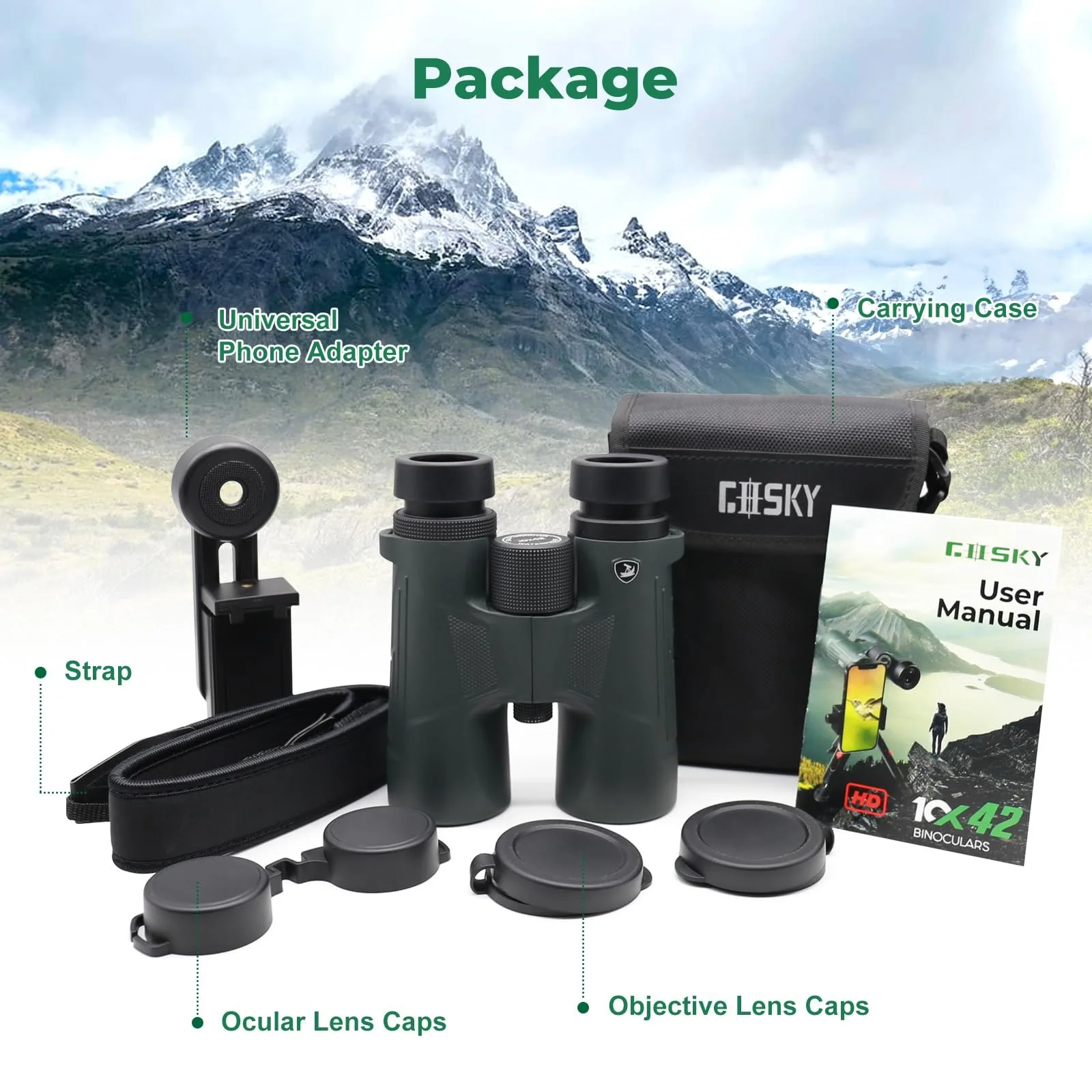 Бінокль Gosky 10x42 HD BAK4 FMC Водонепроникний з адаптером для телефону, фото №7