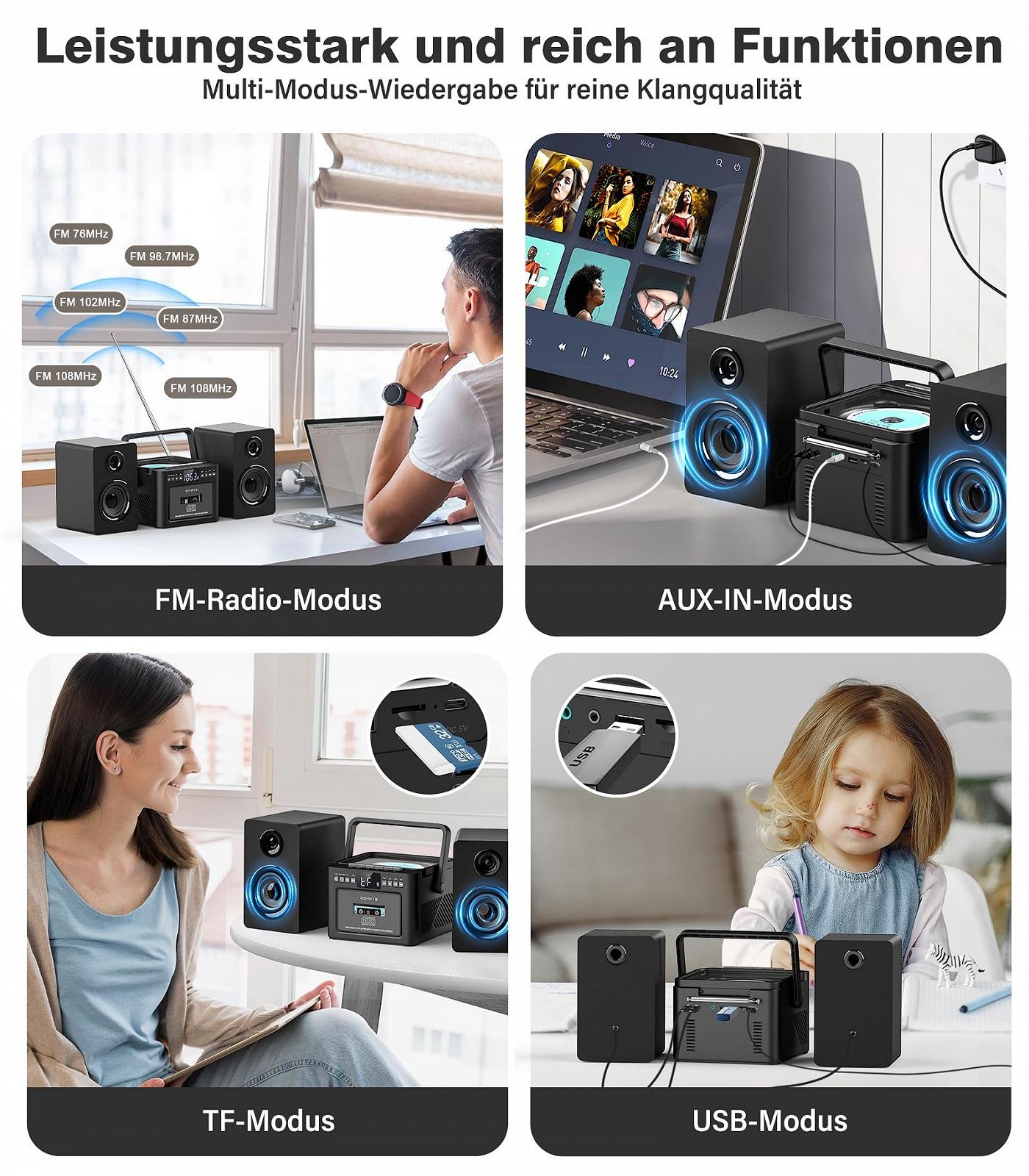 Стереосистема Greadio з CD-програвачем і касетним магнітофоном, динамік 40 Вт, Bluetooth 5.1, компактна з FM-радіо/USB/TF/AUX/дистанційним керуванням, HiFi музична система Чорний, фото №7