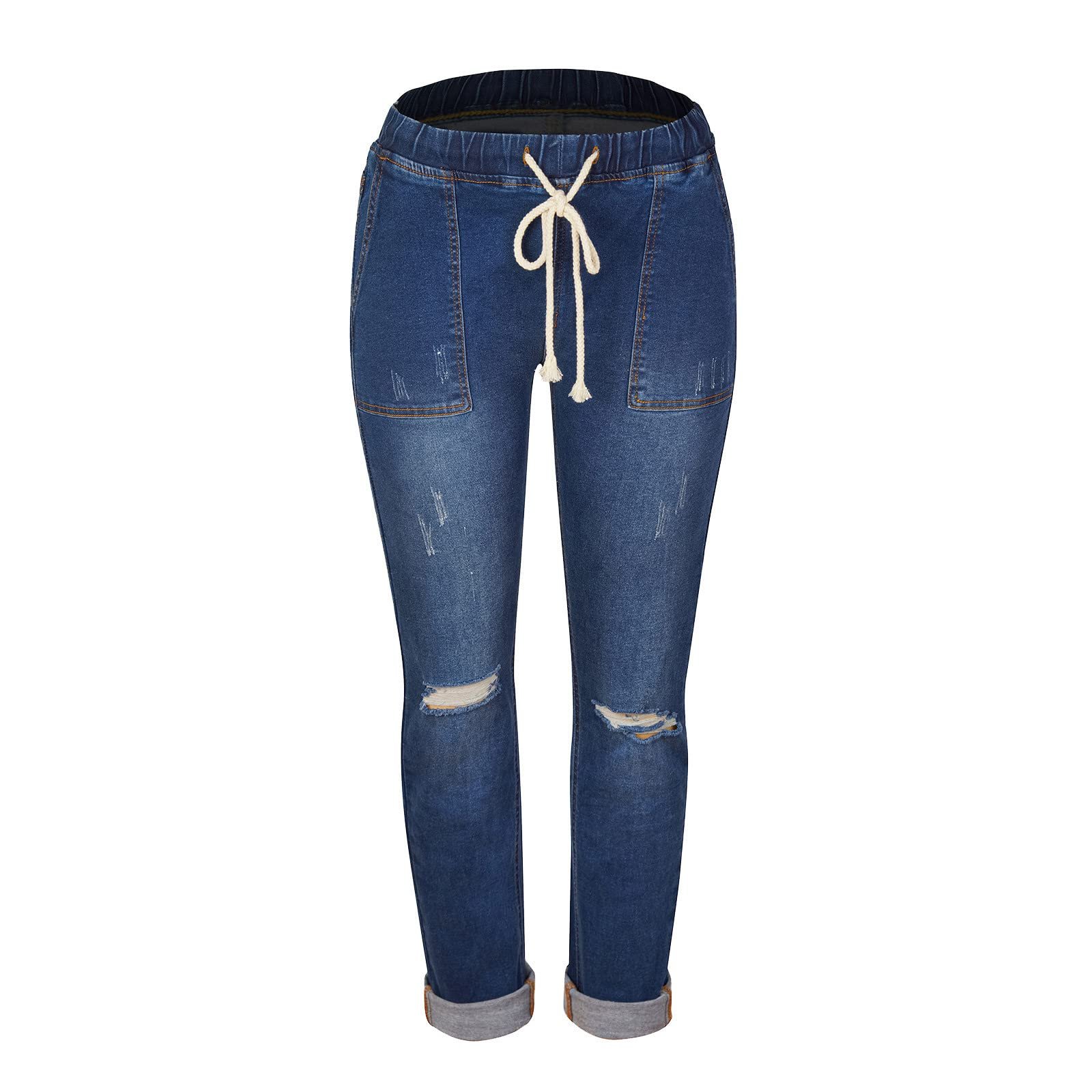 Жіночі джинси Wide Leg Jeans великого розміру, еластичні джинси з гумкою, джоггери 7/8 з куліскою, зручні штани-гарем, тканинні штани, літні рвані джинси, повсякденний денім, фото №6