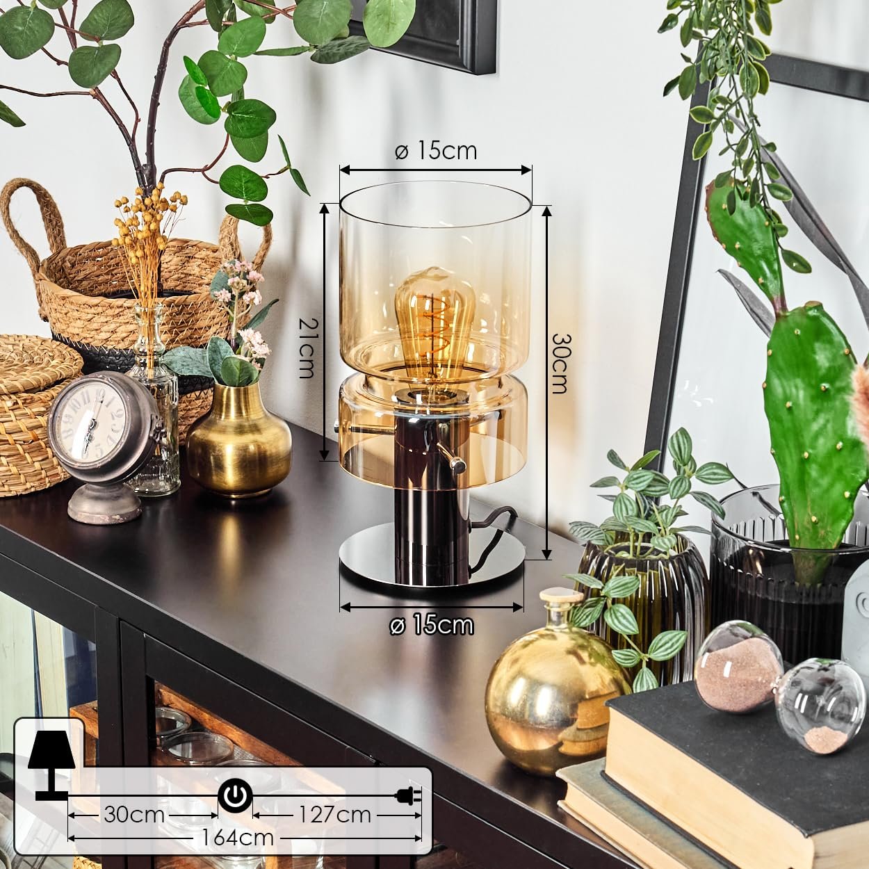 Настільна лампа HOFSTEIN Hasvik метал/скло Ø 15 см E27 Чорний/Хром/Бурштиновий/Прозорий, фото №4