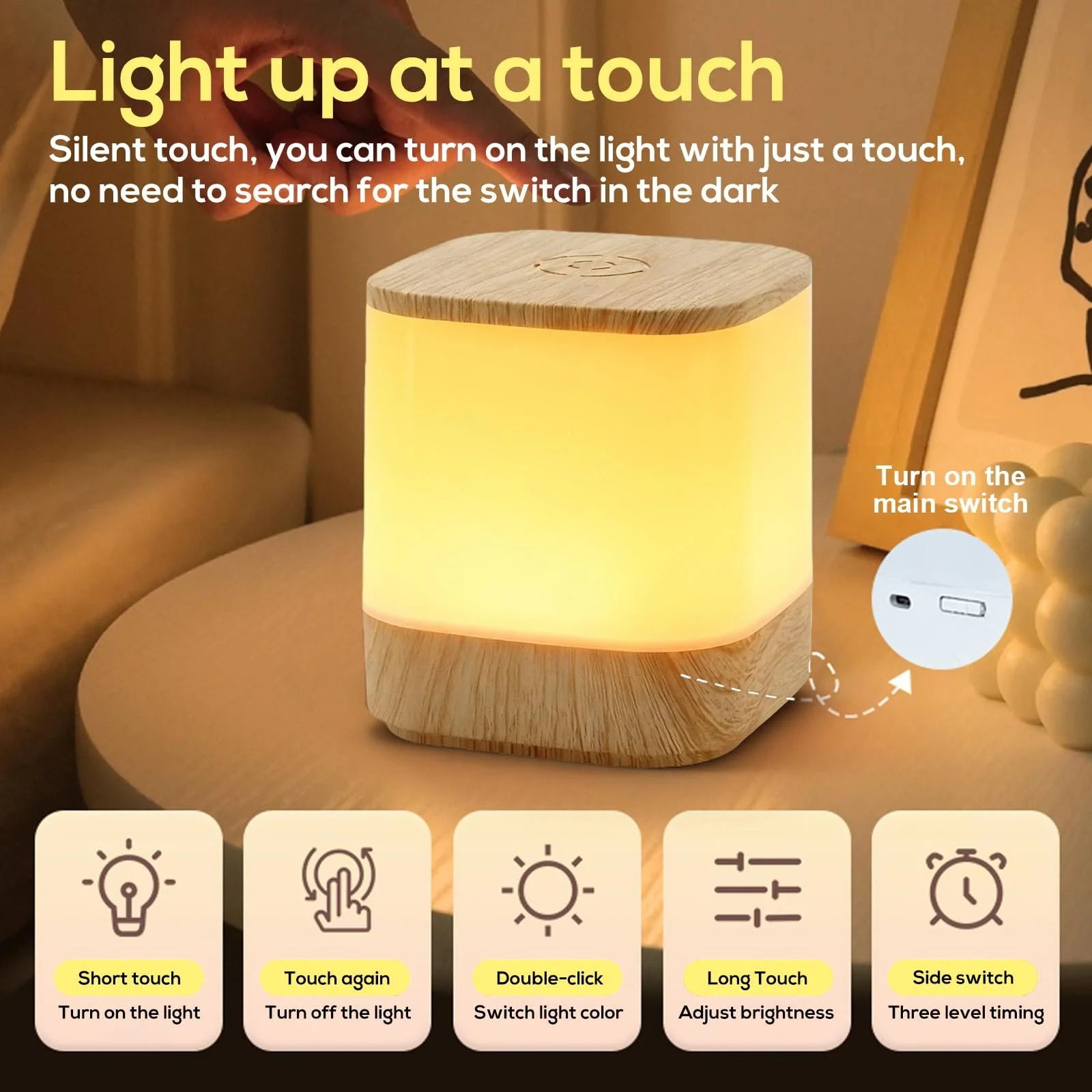 Набір із 2 настільних ламп LED Сенсорні 3600 мАг USB Акумуляторні 3 колірні температури Таймер Функція пам'яті Під дерево, фото №5