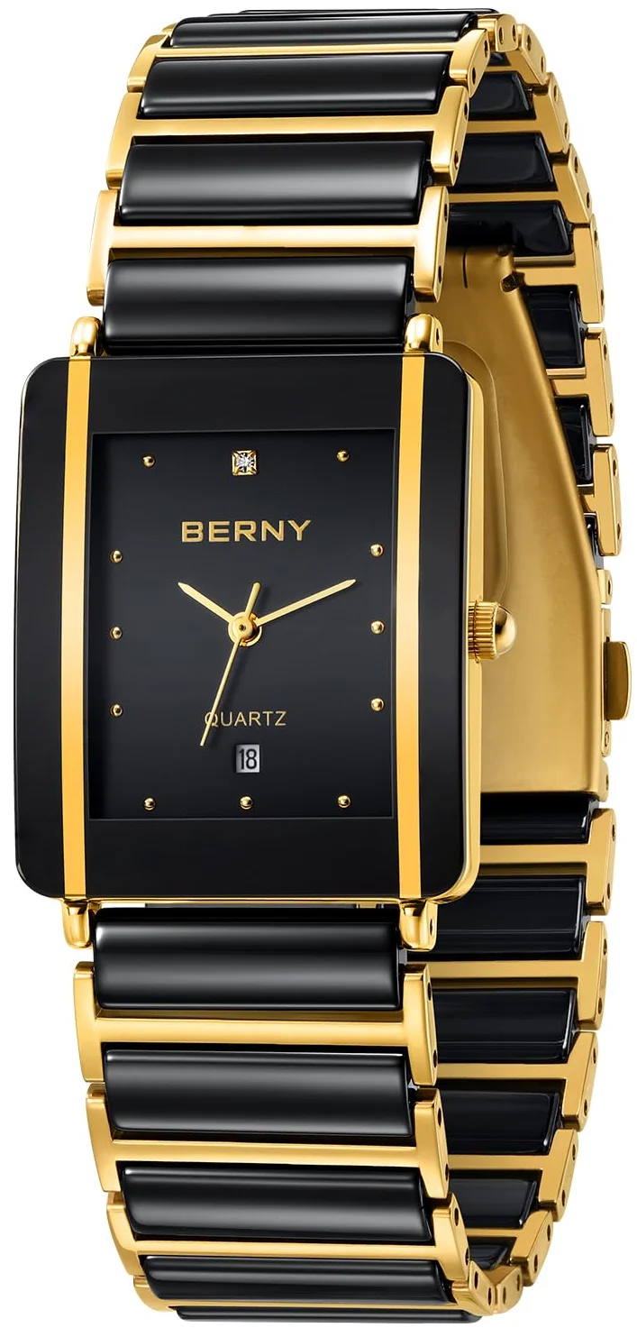 Кварцевые мужские часы BERNY 2010M / Водозащита 3ATM / Нержавеющая сталь и керамика / Черные с золотым, фото №1
