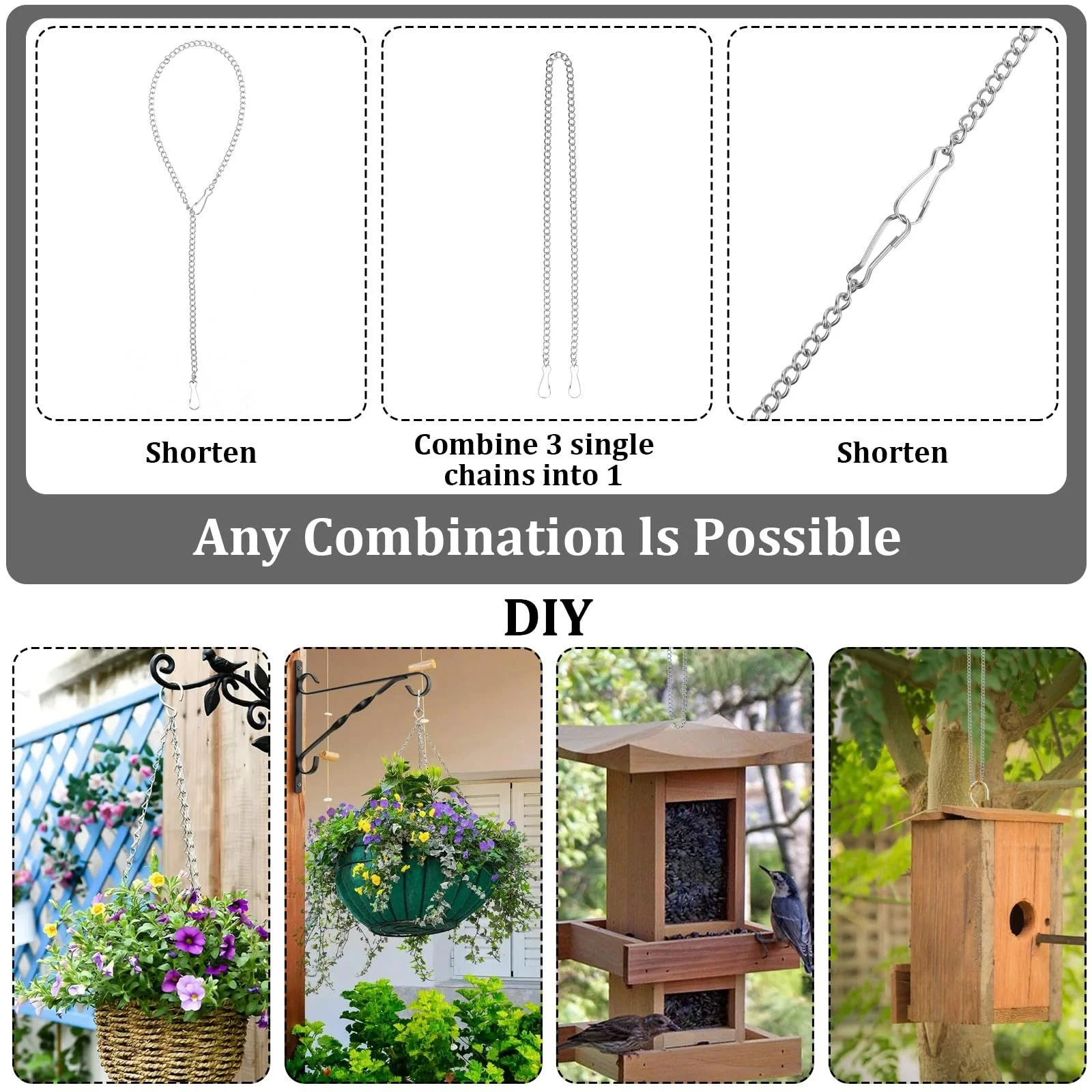 Ланцюжки для підвісних кошиків Набір 6 шт. 50 см металеві Сріблясті, фото №4