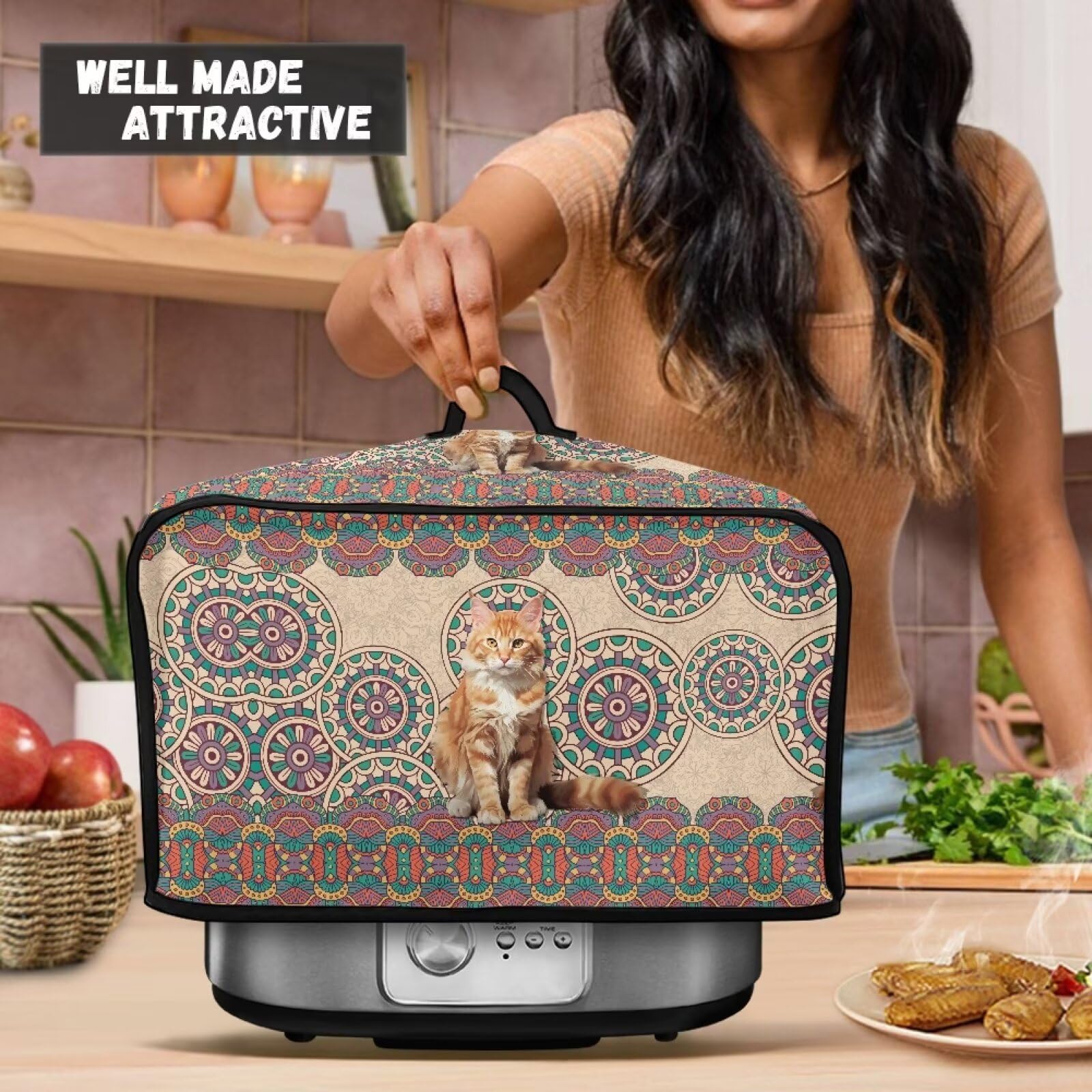 Чехол ZIATUBLES Slow Cooker для Crock Pot Air Fryer Boho Mandala American Cat Чехол-мешок Slow Cooker стойкий к пятнам с верхней ручкой и сетчатым карманом, фото №4