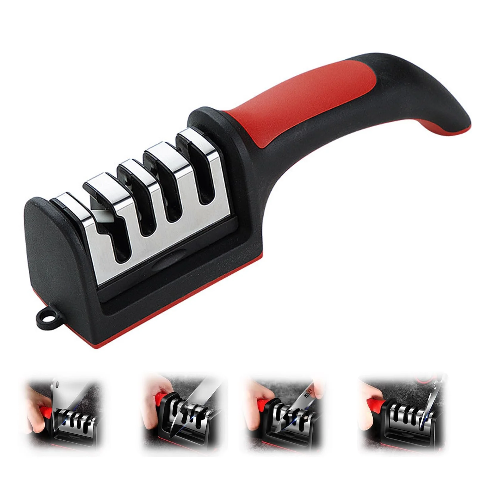 Точилка для ножів професійна 4-рівнева вольфрамова сталь ручна 21x6x5 см Чорний, фото №1