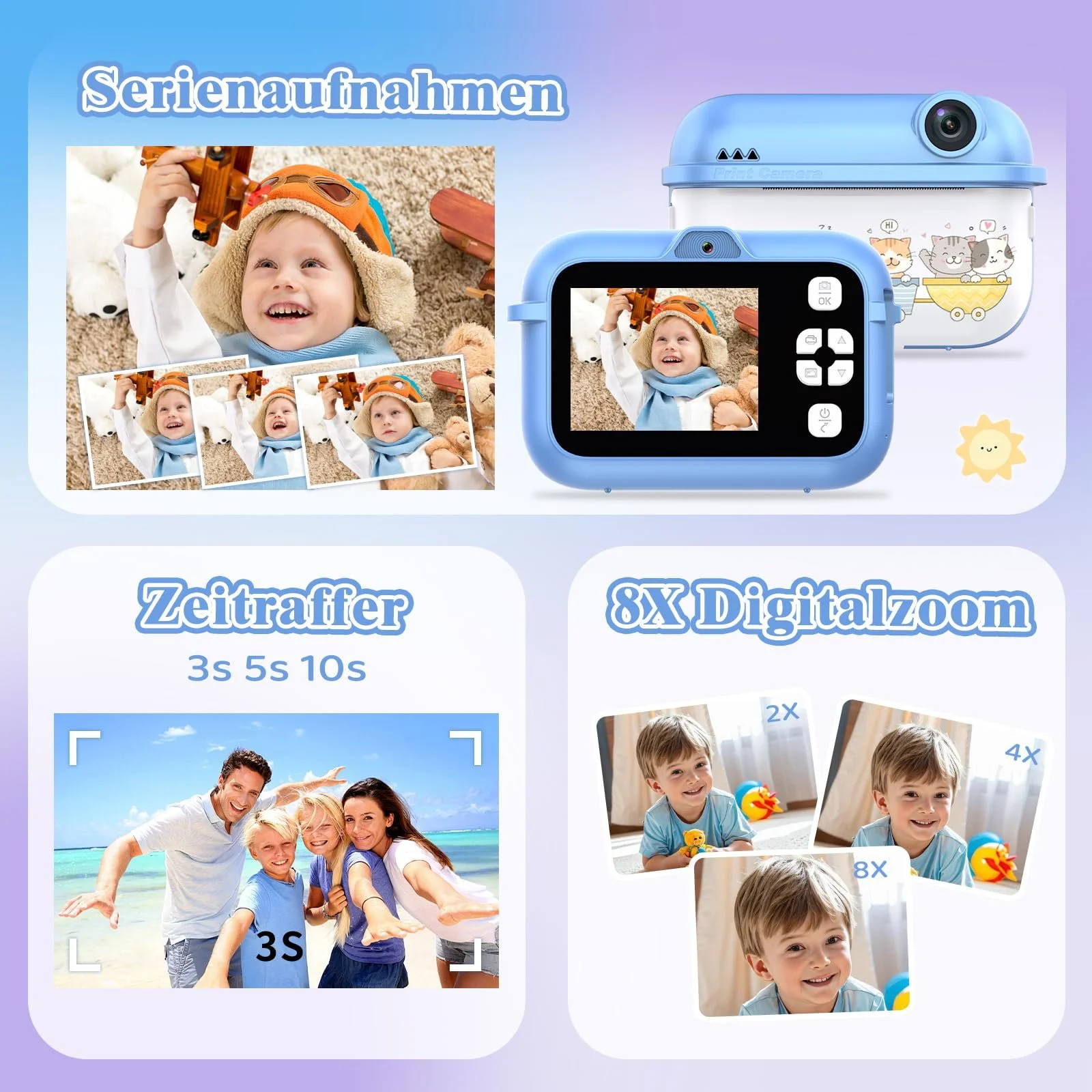 Детская камера мгновенной печати 48 МП Dual Camera 1080P 2,4" IPS 8x Zoom 32 ГБ TF бумага для печати Blue, фото №5