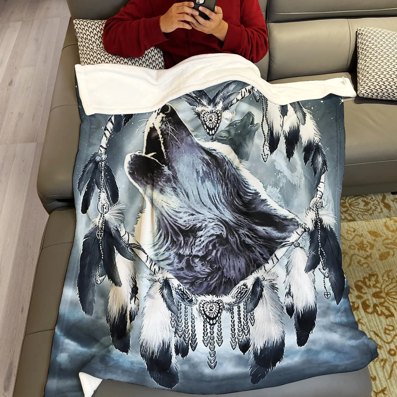 Фланелевое одеяло Violetpos 150 x 200 см Мягкое флисовое одеяло Уютные одеяла Мягкий плед для кровати Волк Душа Ловец снов в форме сердца, фото №4