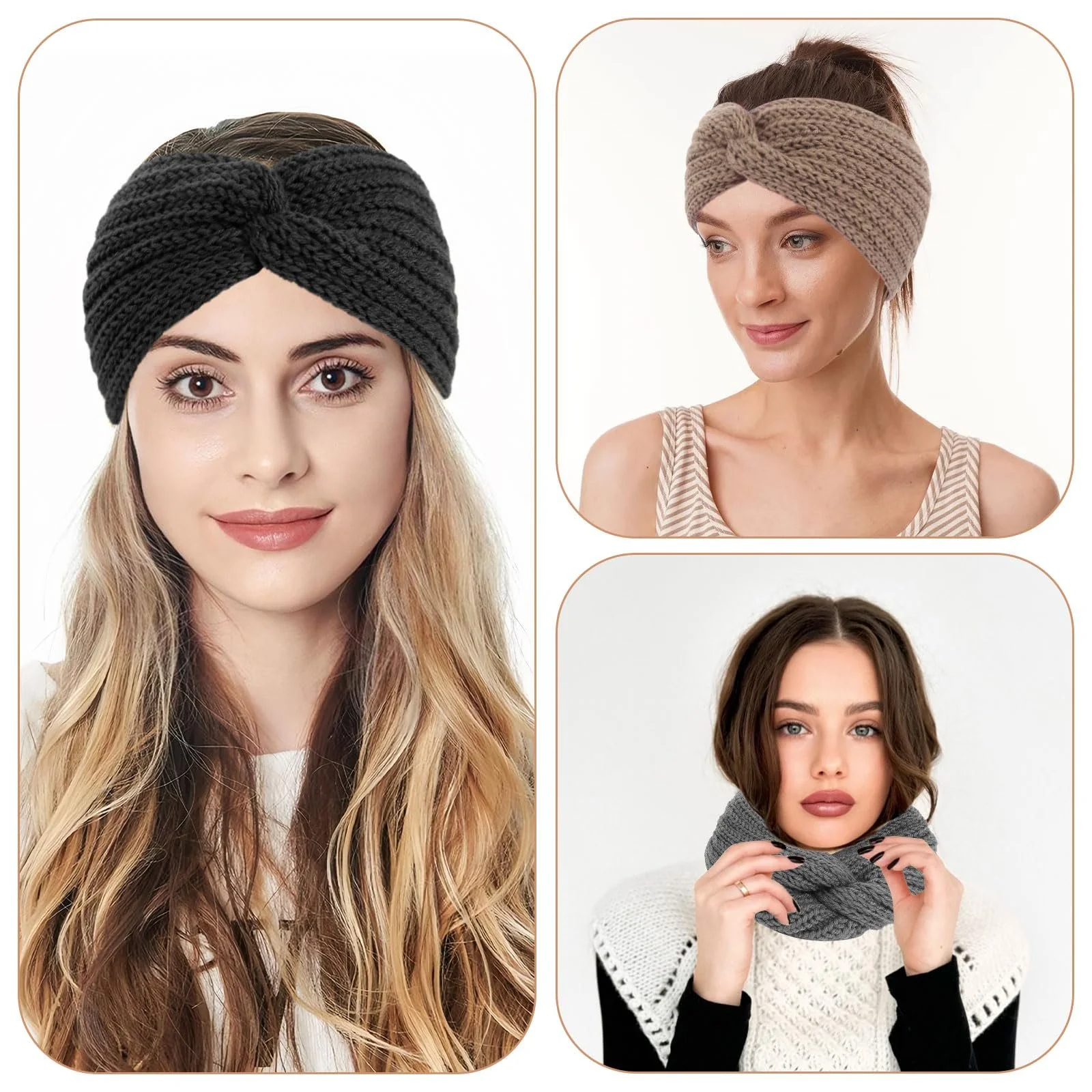 Пов'язка на голову В'язана еластична широка зимова, фото №4