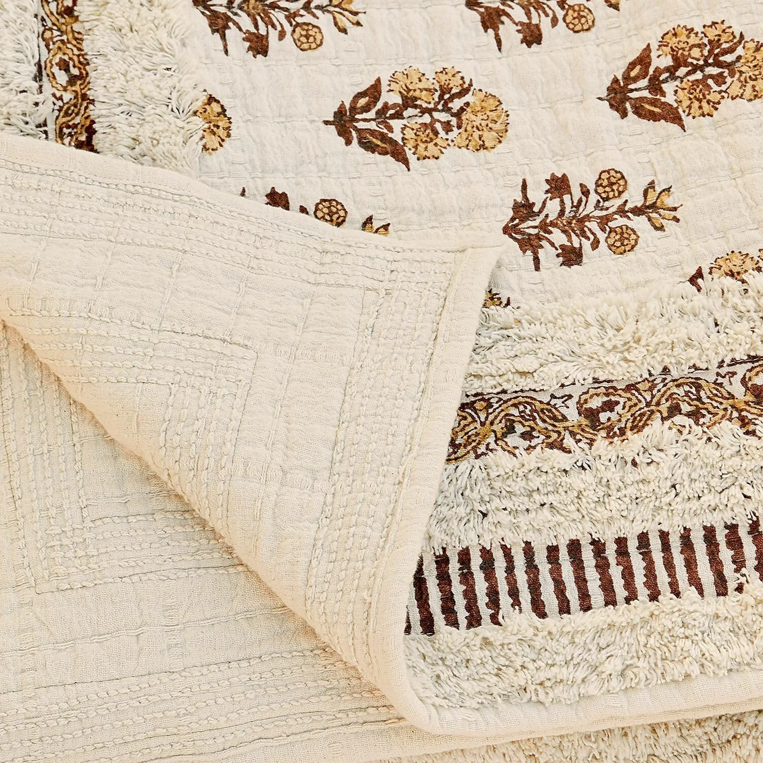 Плед Loberon Arsalan С кисточками Цветочный принт Текстурированный узор Хлопок Кремовый Коричневый, фото №3