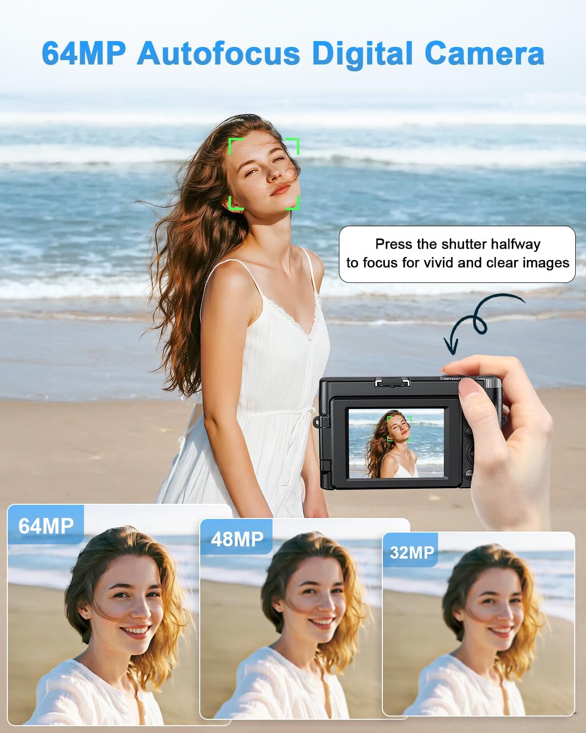 Цифровой фотоаппарат 4K 64MP с WiFi, 16-кратным цифровым зумом, экраном, вращающимся на 180 градусов, автофокусом, компактный фотоаппарат с WiFi, картой на 32 ГБ, 2 аккумуляторами, фото №4