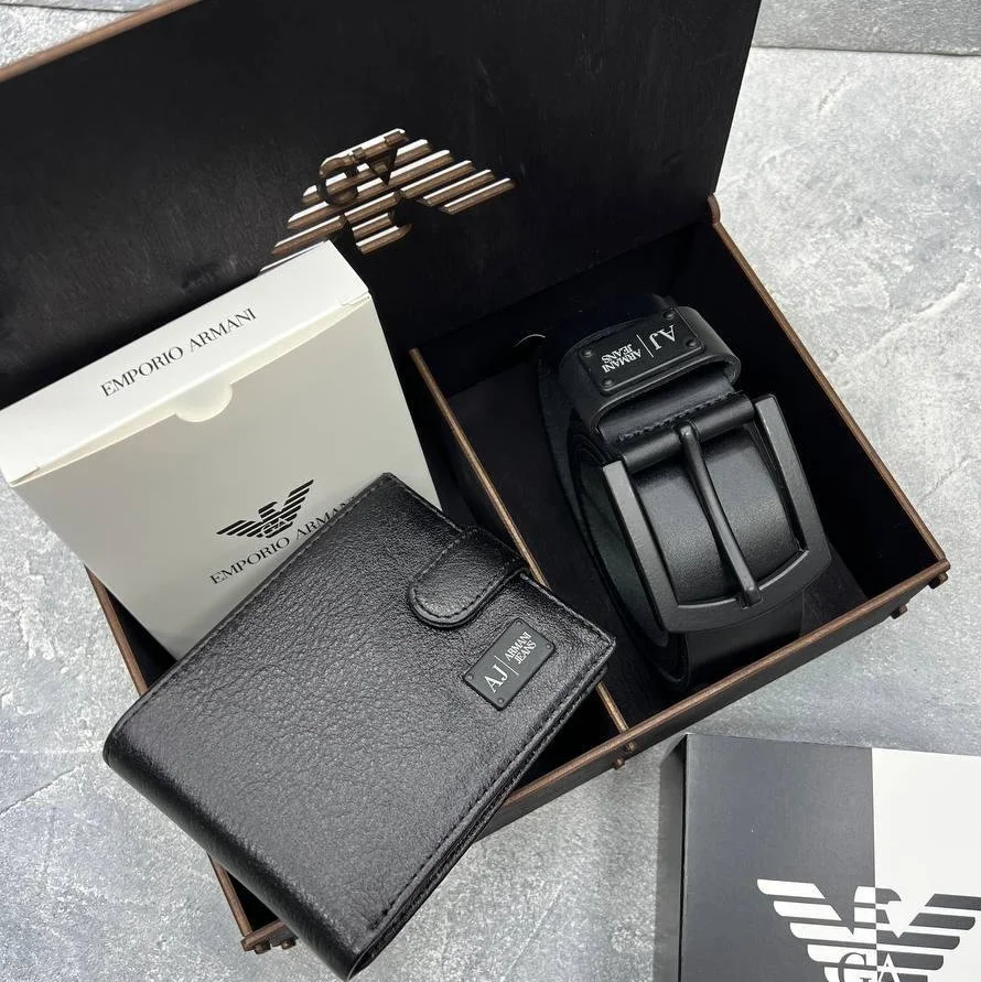 Кожаный ремень и кошелек подарочный набор Armani, фото №1