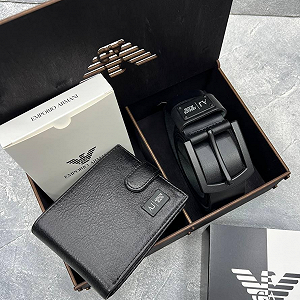 Шкіряний ремінь і гаманець подарунковий набір Armani - Фото 1