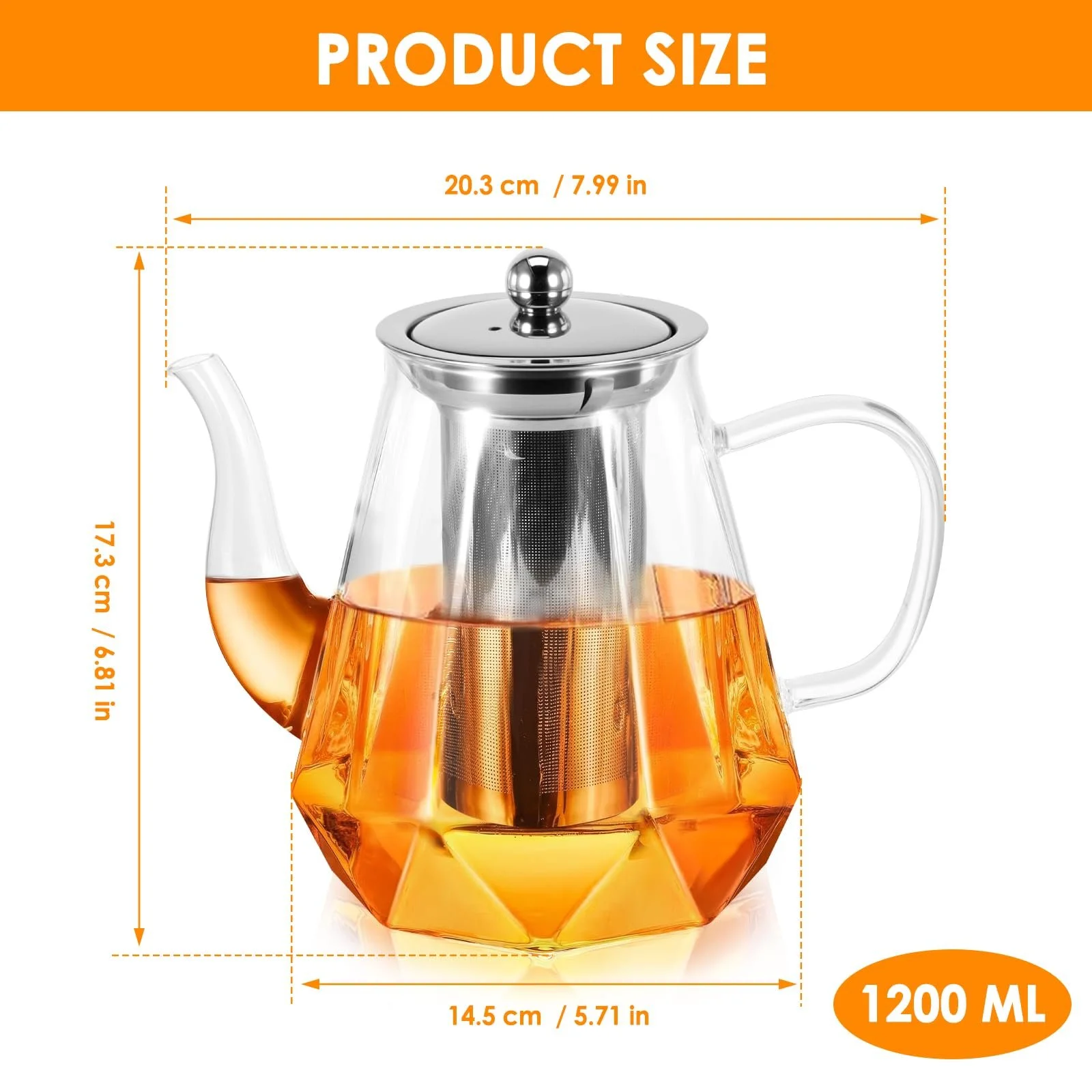 Чайник-заварник ZONJIE Скляний з ситечком для чаю, 1200 мл, великий, фото №7