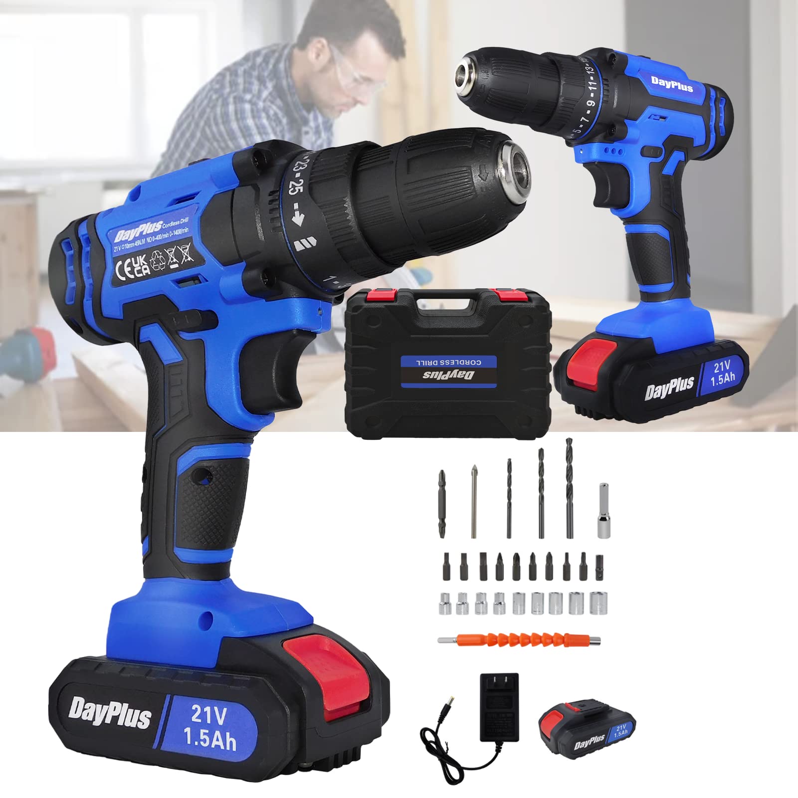 Дриль-шурупокрут бездротовий 21 V із набором інструментів Електричний молотковий дриль, один акумулятор 21 V, змінна швидкість 0-400 / 0-1500 об/хв, регулювання крутного моменту 25 + 1, 45 Нм, фото №1 Дриль-шурупокрут бездротовий 21 V із набором інструментів Електричний молотковий дриль, один акумулятор 21 V, змінна швидкість 0-400 / 0-1500 об/хв, регулювання крутного моменту 25 + 1, 45 Нм, фото №1